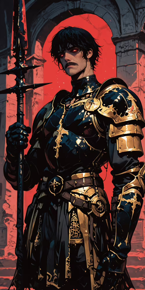 Bıyıklı, kaslı, koyu saçlı, kızıl parlayan gözleri olan, üzerinde gösterişli siyah...