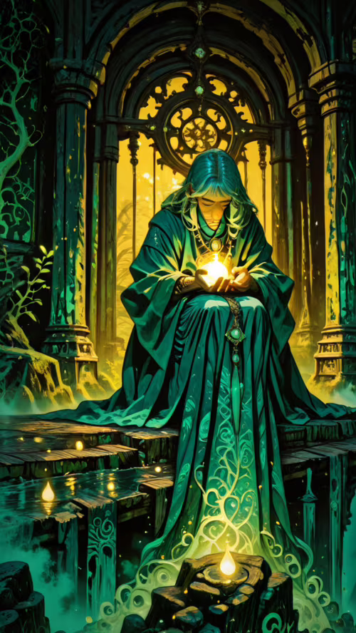 Beyaz saçlı, yeşil cübbeler giymiş, bilge bir yaşlı adamın tam boy dijital çizimi.... TP-Link Neffos C5A