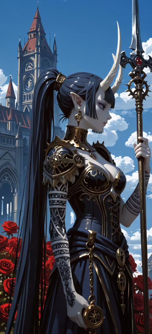 Beyaz boynuzları ve elf kulakları olan, süslü siyah ve altın zırhlar giymiş bir kadının...