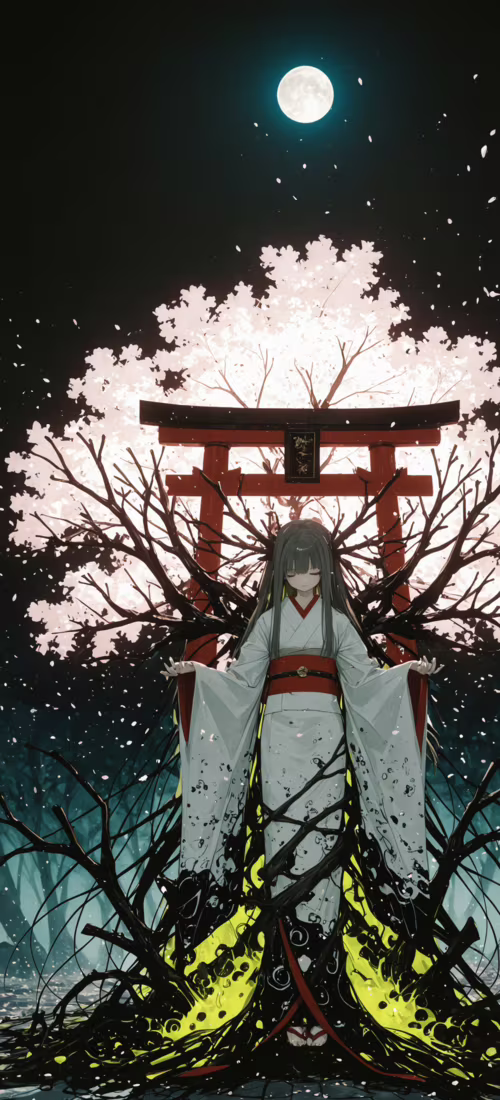 Koyu saçlı, beyaz ve siyah renkli bir kimono giymiş genç bir kadının anime tarzında...