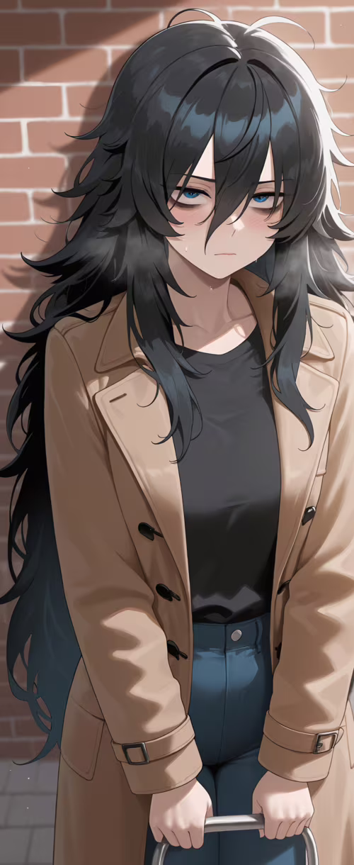 Uzun, dağınık siyah saçları ve yorgun mavi gözleri olan, anime tarzında bir kız,... Samsung Galaxy Z Flip