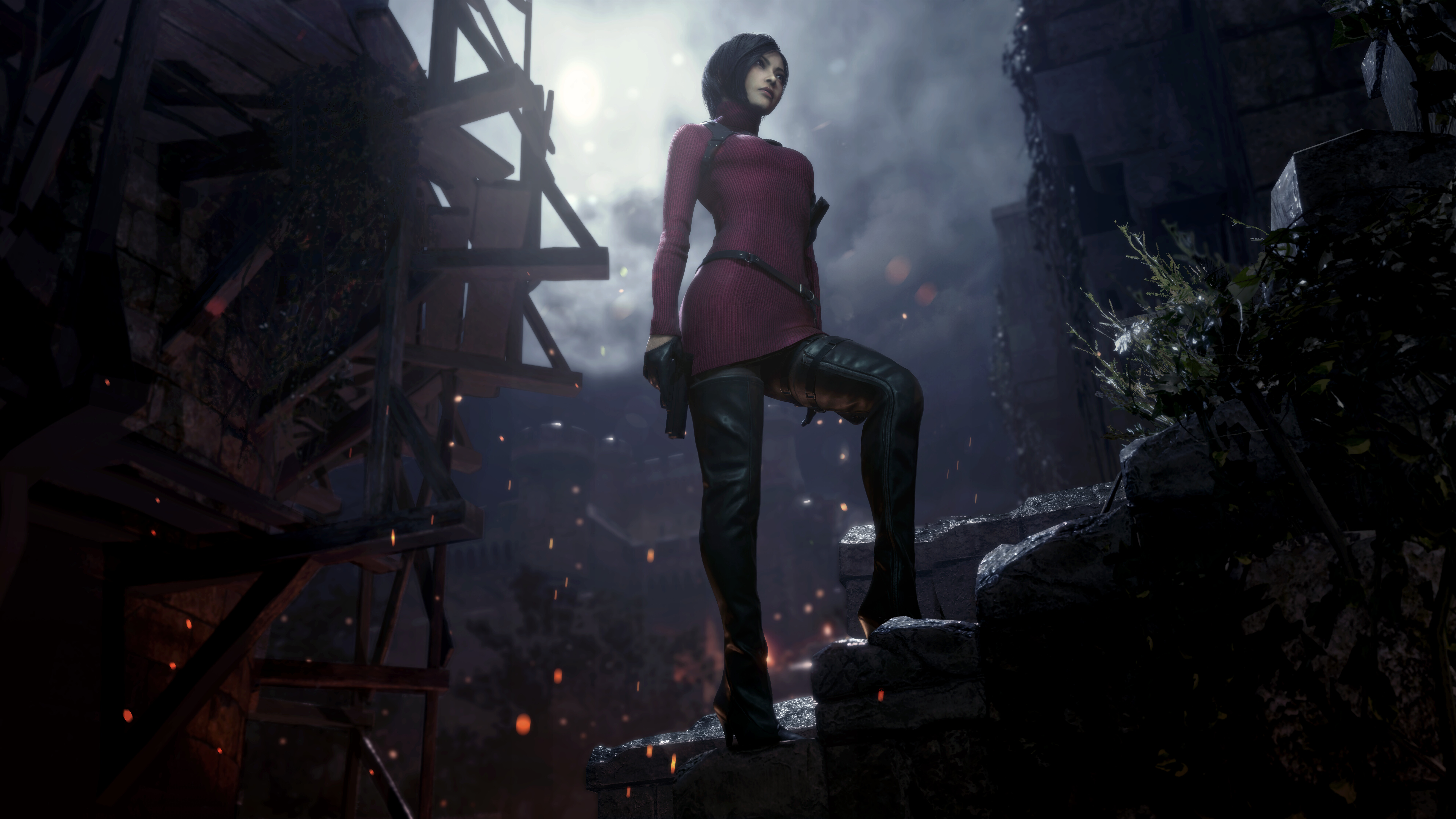Resident Evil 4 (2023) video oyunundaki Ada Wong karakterinin yüksek çözünürlüklü ve detaylı bir görseli.