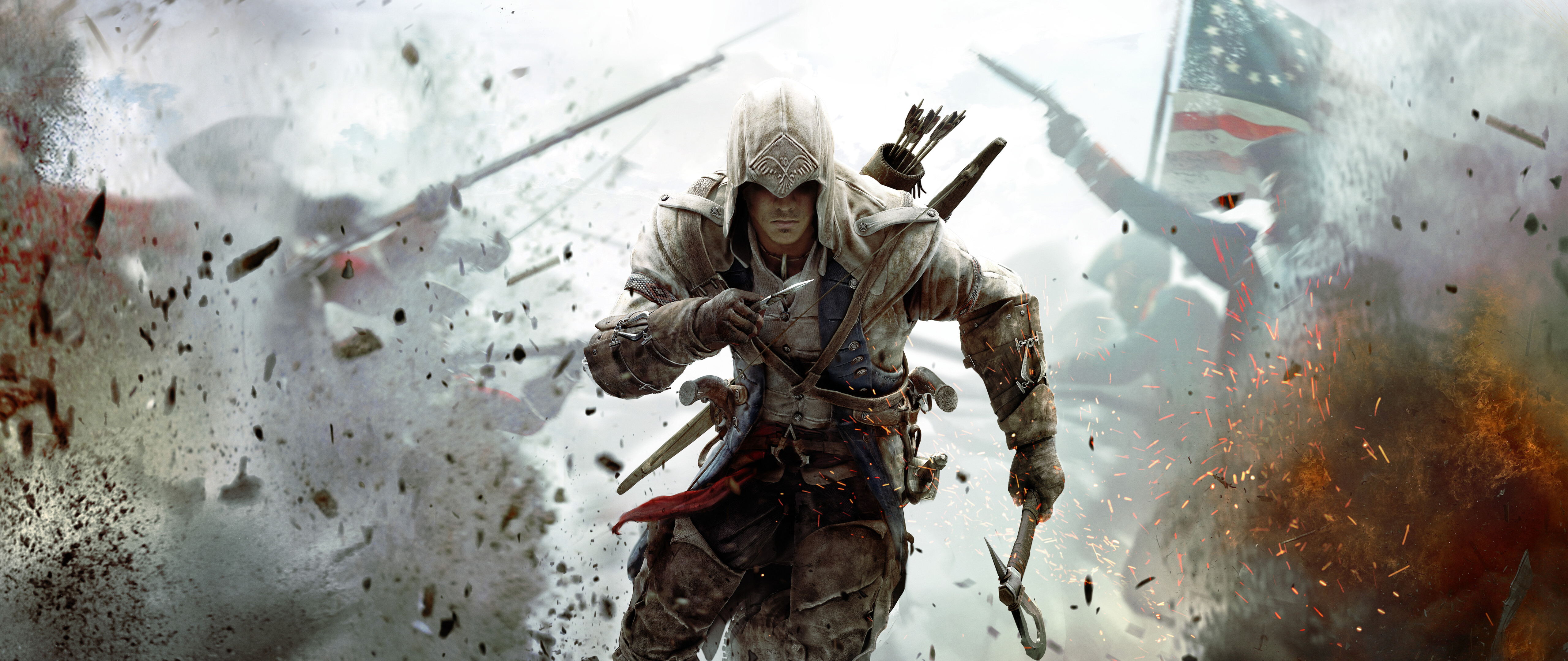 Assassin's Creed III oyunundaki Connor Kenway, kendine özgü suikastçı kıyafetleri ve başlığıyla.