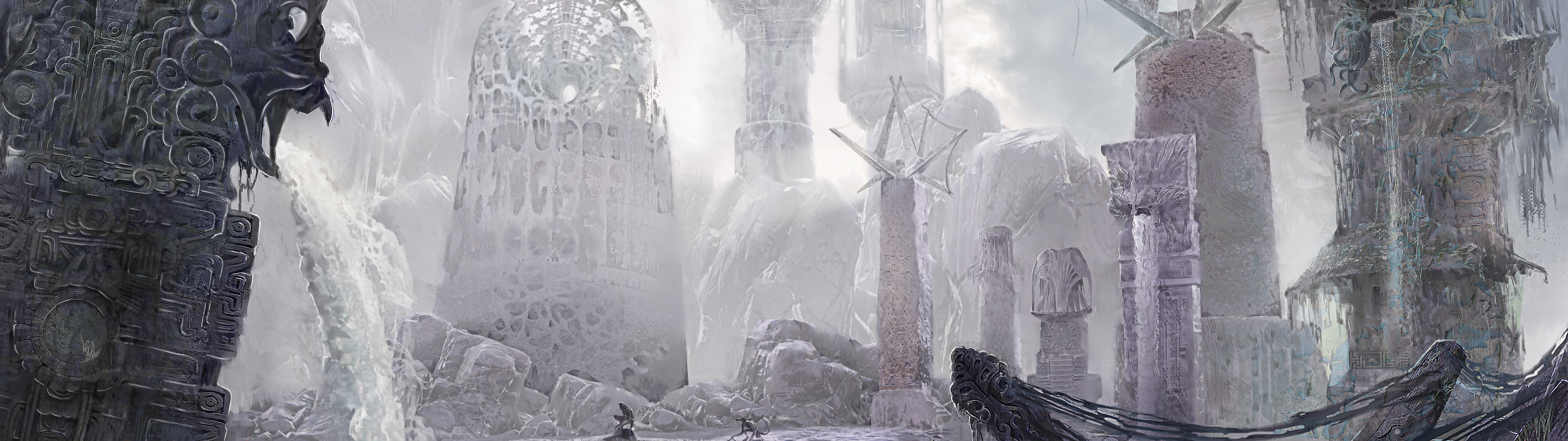 Karanlık ve ürkütücü bir gökyüzü altında, yıkık ve eski kalıntıların arasında duran, Sherlock Holmes: The Alwaken oyununun atmosferinden ilham alan bir dedektif.