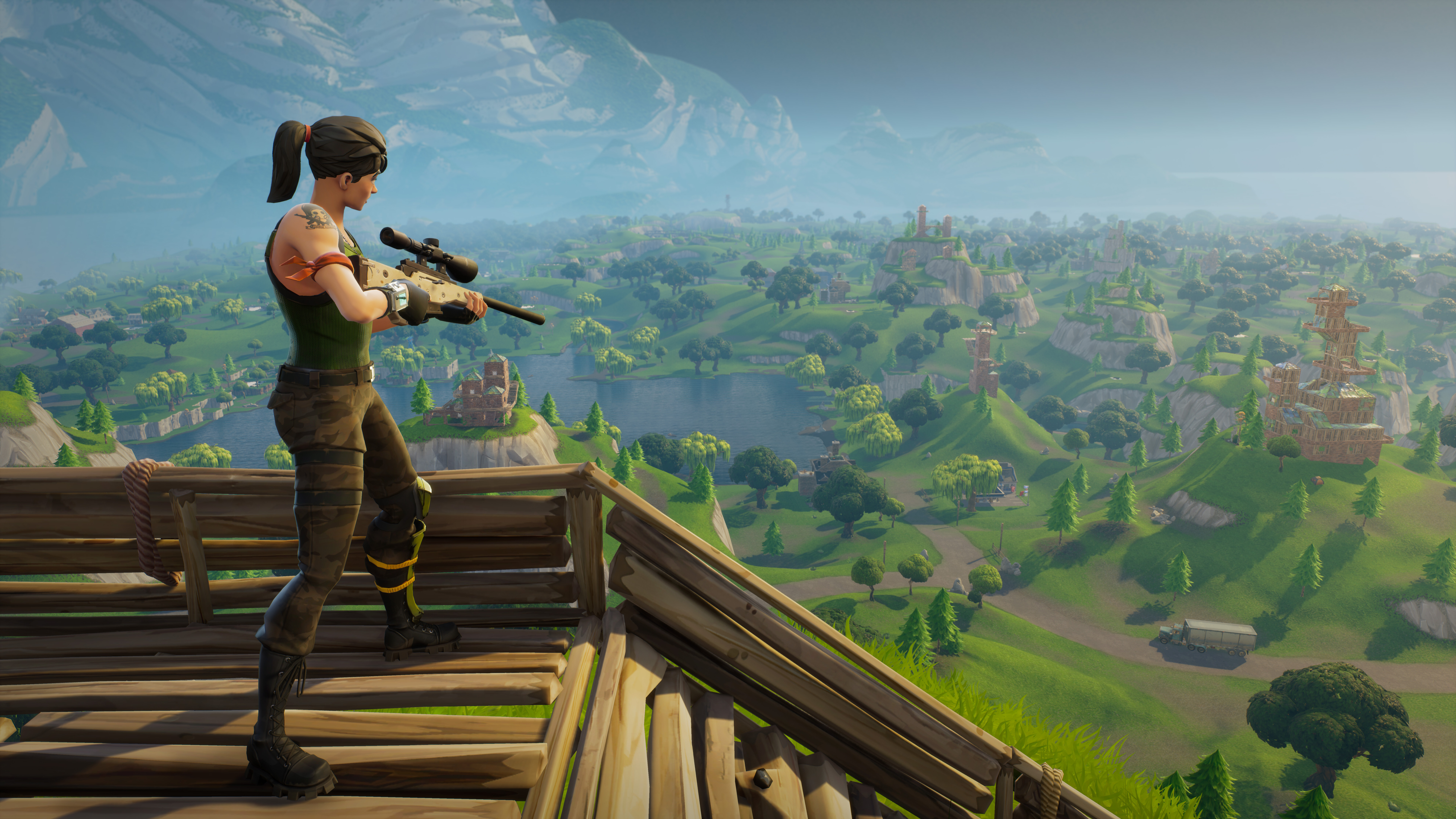 Fortnite oyunundan, renkli bir ortamda savaşa hazır, stilize edilmiş bir karakter.
