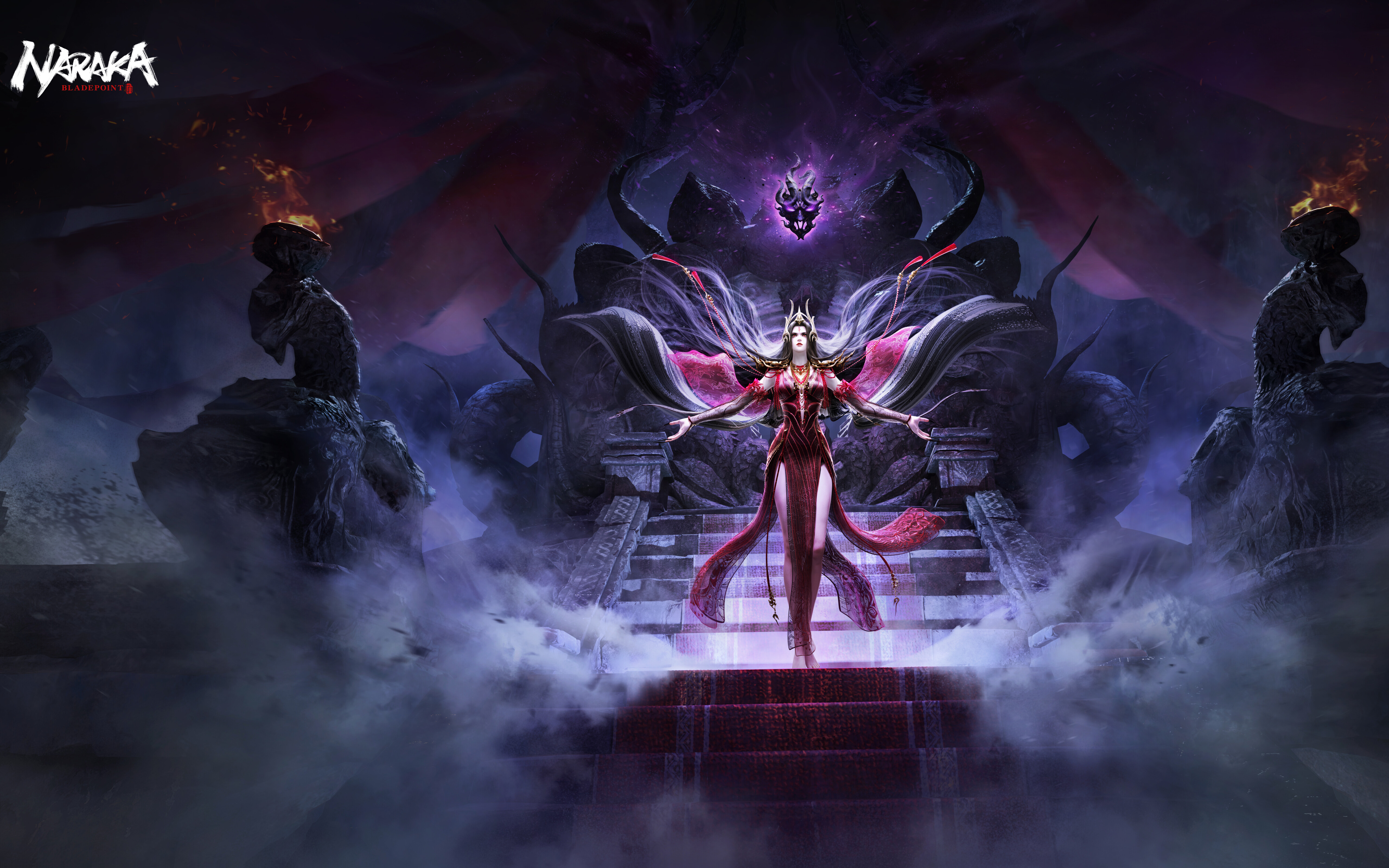 Naraka: Bladepoint video oyunundan esinlenerek yaratılmış, karanlık fantastik öğeler ve mistik enerji içeren gizemli bir cadı karakter.