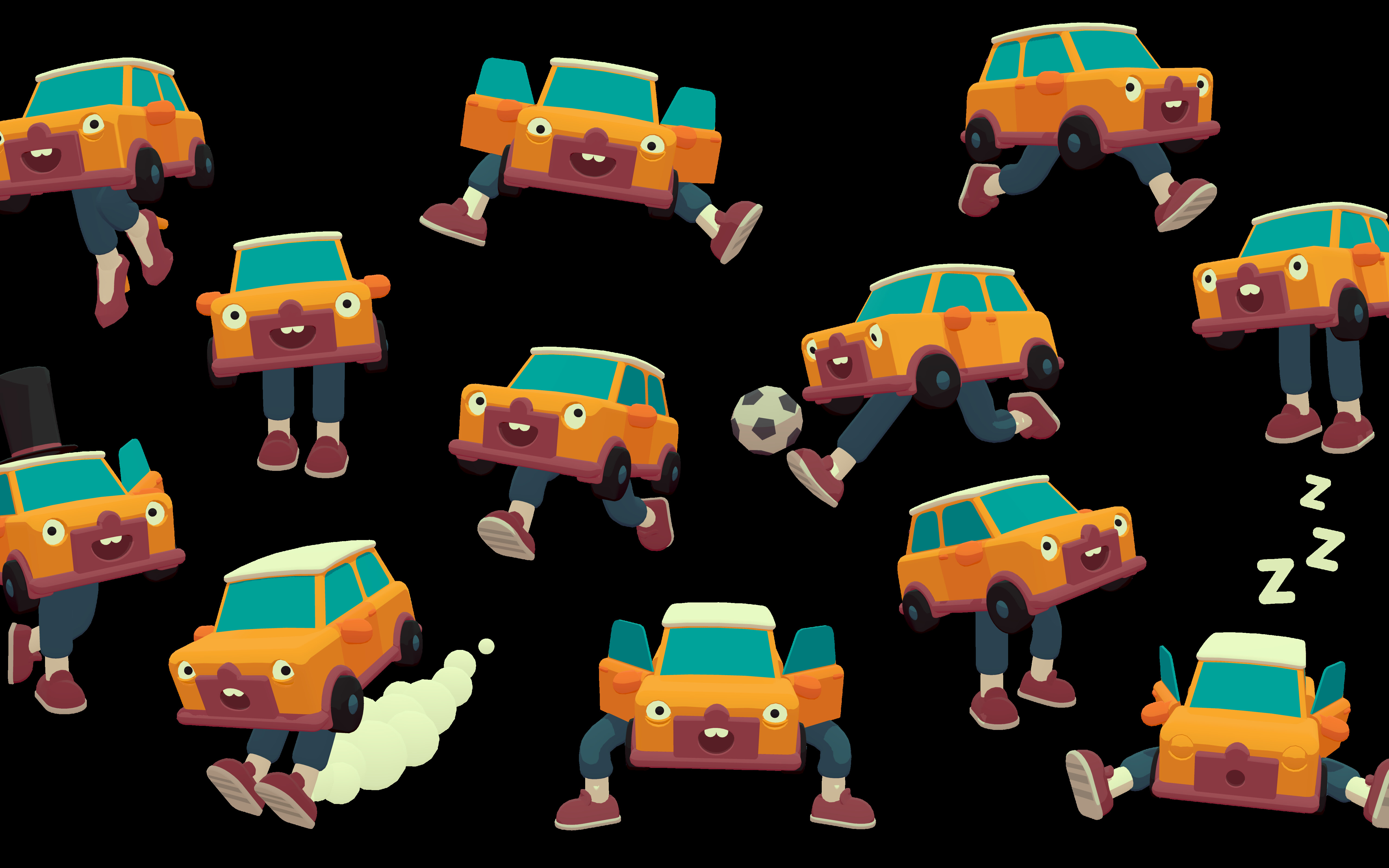 Fizik kurallarına dayalı bir video oyununda, renkli ve stilize edilmiş bir araba, kaotik bir engelli parkurda ilerliyor.