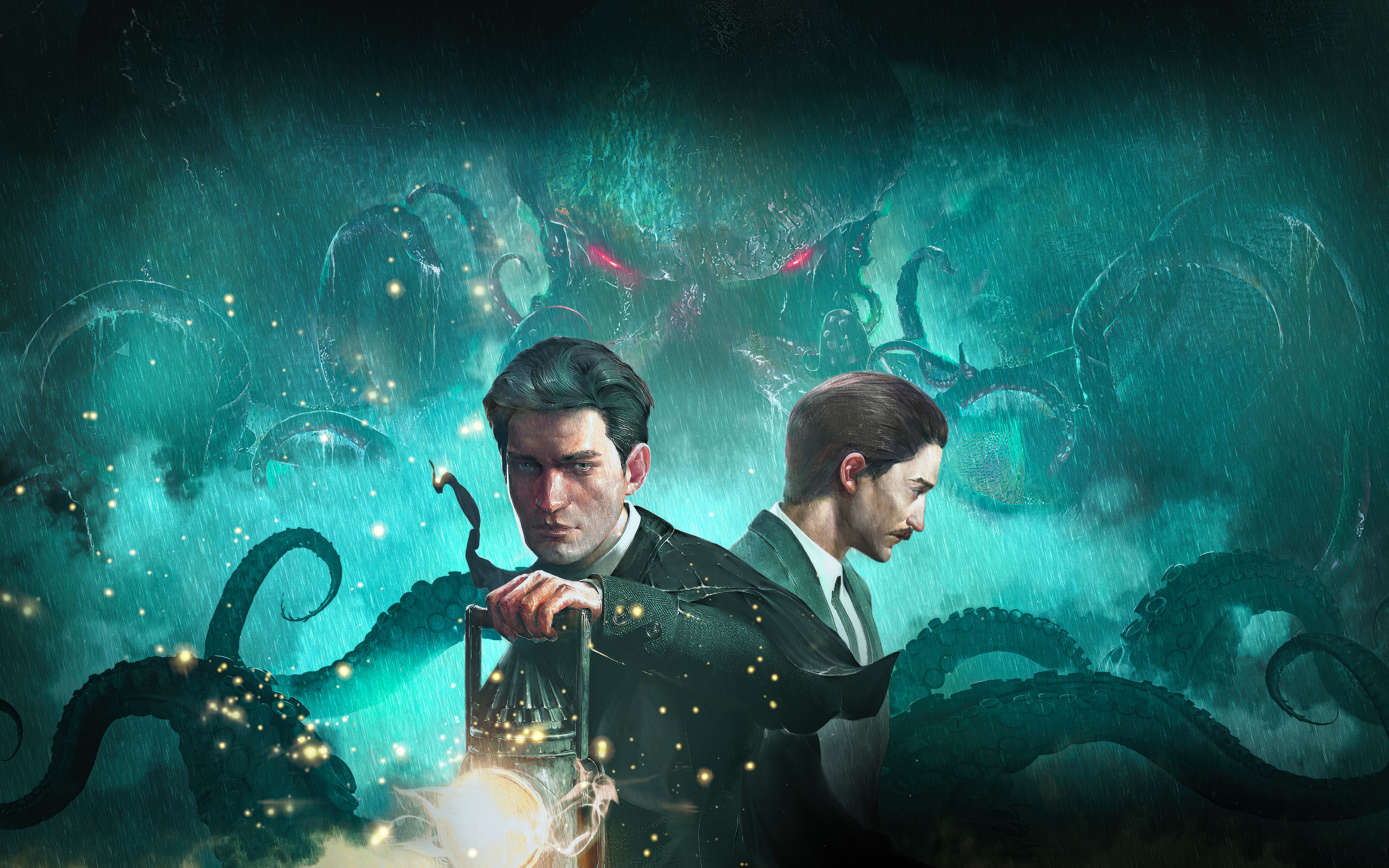 Şiddetli yağmur altında gizlenmiş, tehditkâr ve karanlık pullarla kaplı bir tentakül canavarı; bu, Sherlock Holmes: The Awakened oyunundaki kozmik korku unsurlarını çağrıştırıyor.