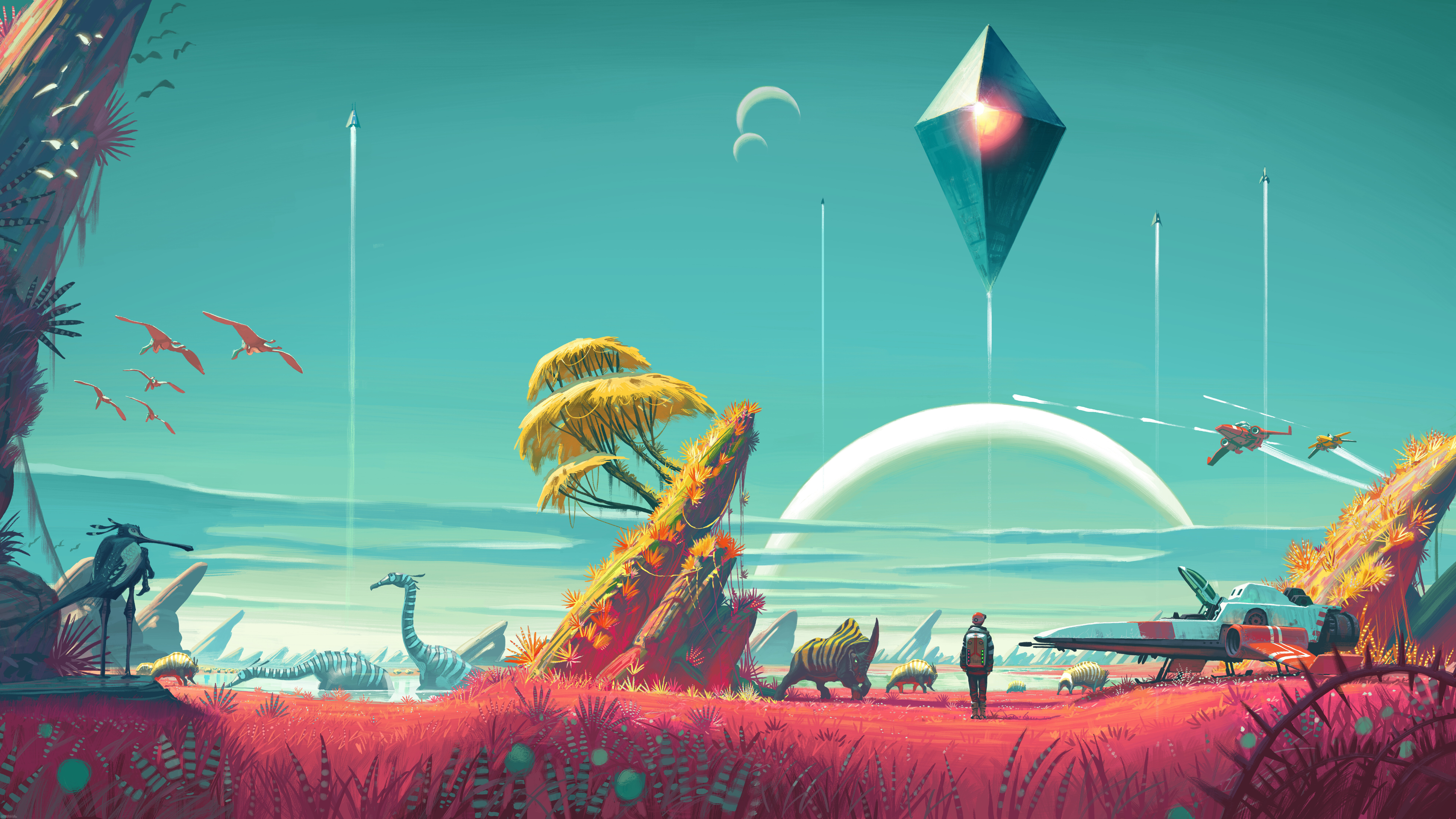 No Man's Sky oyunundan tanıdığımız, rengarenk ve egzotik bitki örtüsüyle dolu, yabancı bir gezegenin manzarasını keşfeden bir gezgin karakter.
