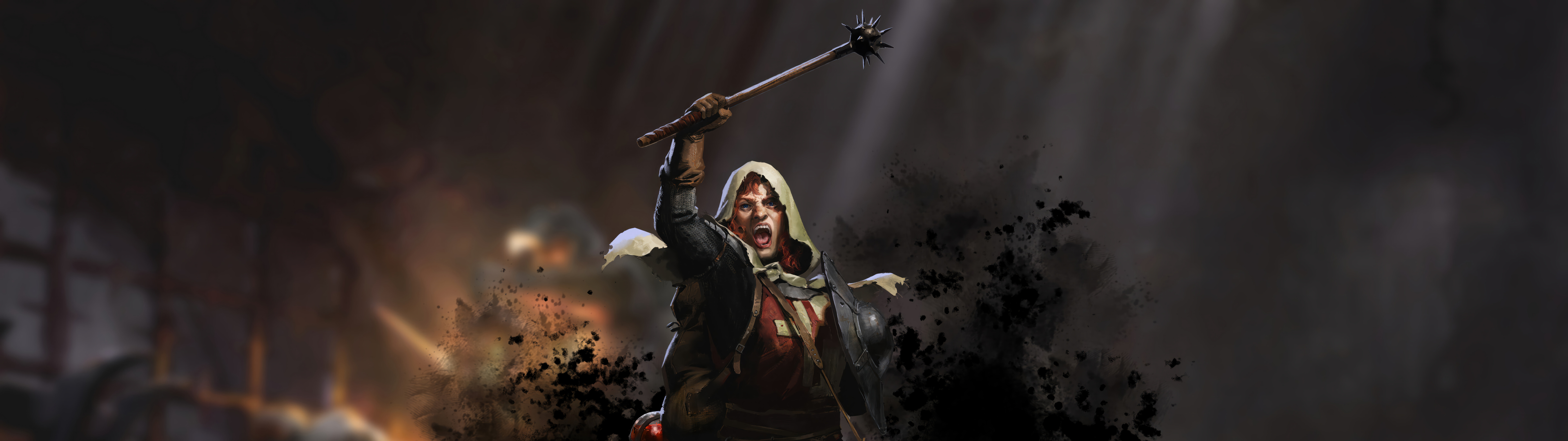 Karanlık ve kasvetli bir fantezi dünyasında, ağır ortaçağ zırhı giymiş, loş ışıklı, taş bir zindan koridorunda duran bir karakter. Bu karakter, Dark and Darker oyunundan esinlenerek yaratılmıştır.