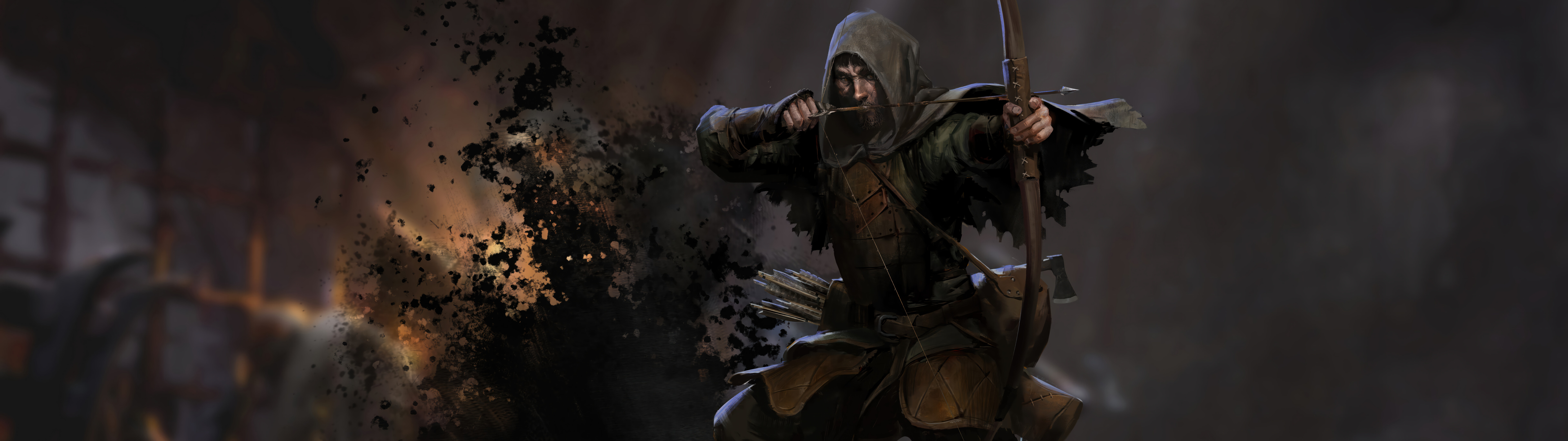 Karanlık ve kasvetli bir video oyunundan esinlenerek tasarlanmış, loş ışıklı, taş bir zindanın koridorlarını keşfeden, karanlık fantastik bir savaşçı.