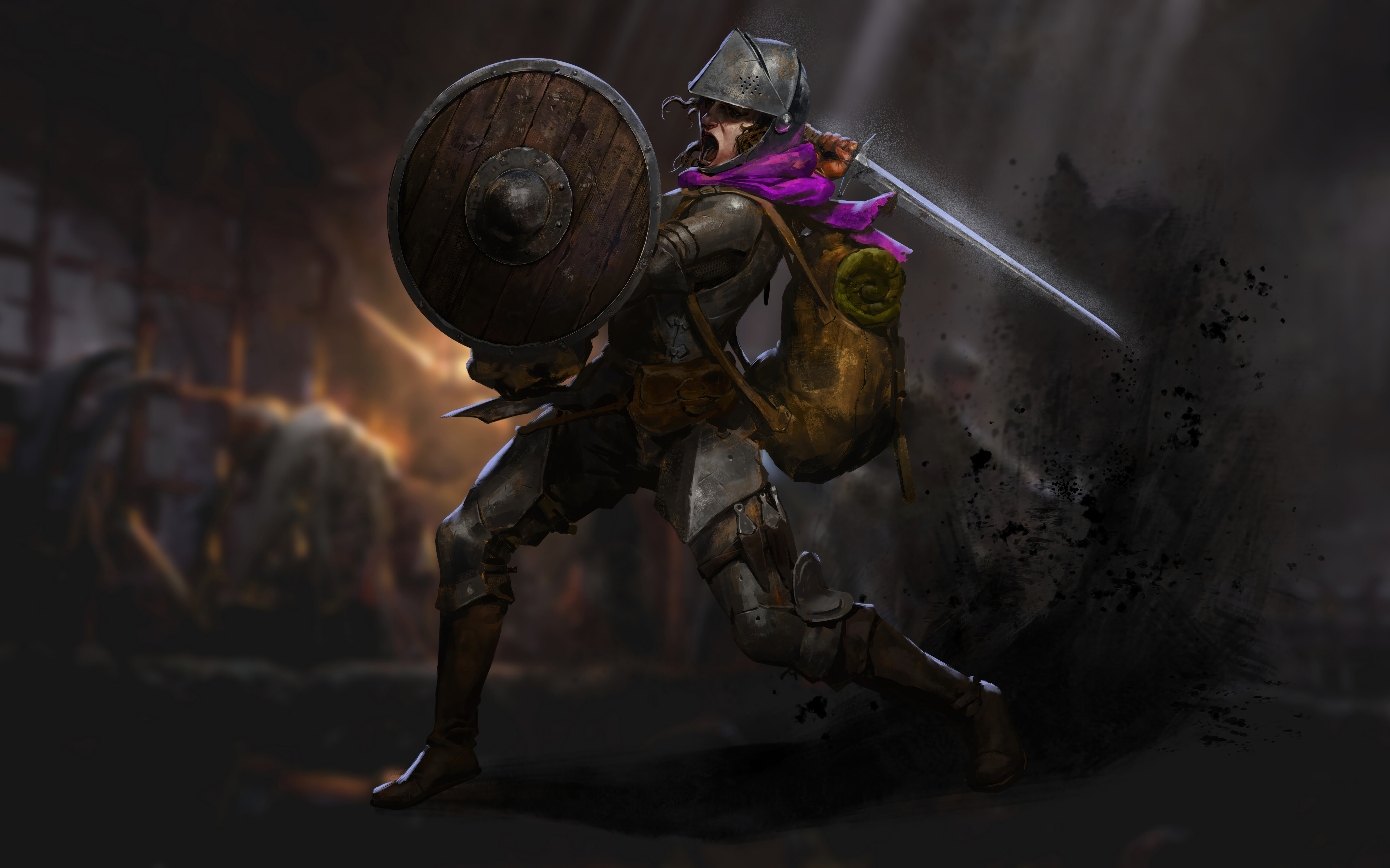 Karanlık ve kasvetli bir taş zindan koridorunda, elinde bir fener tutan ve kalın zırhlar giymiş, fantastik bir maceraperest. Bu sahne, Dark and Darker oyunundan esinlenilmiş.