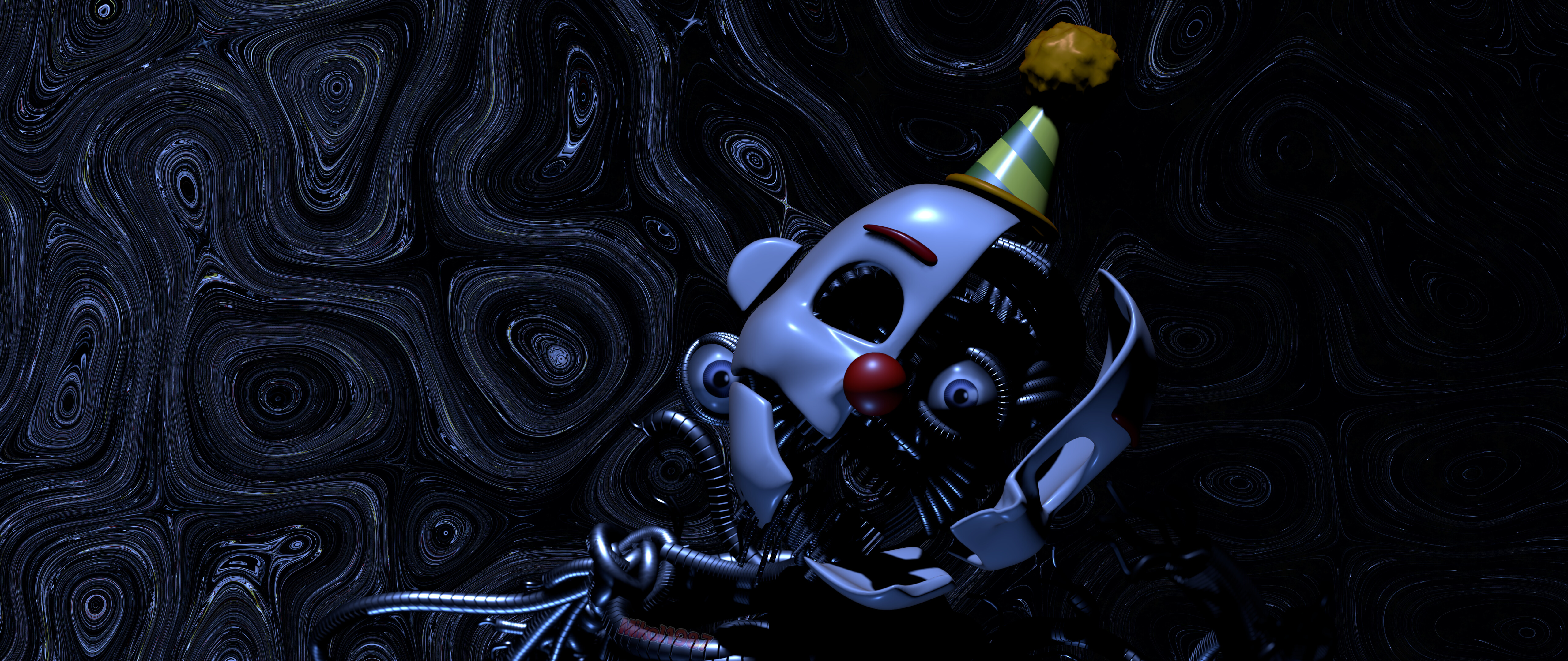 Five Nights at Freddy's: Sister Location oyunundaki animatronik karakter Ennard'ın, karmaşık kablolarını ve parlayan gözlerini gösteren yakın çekim görüntüsü.