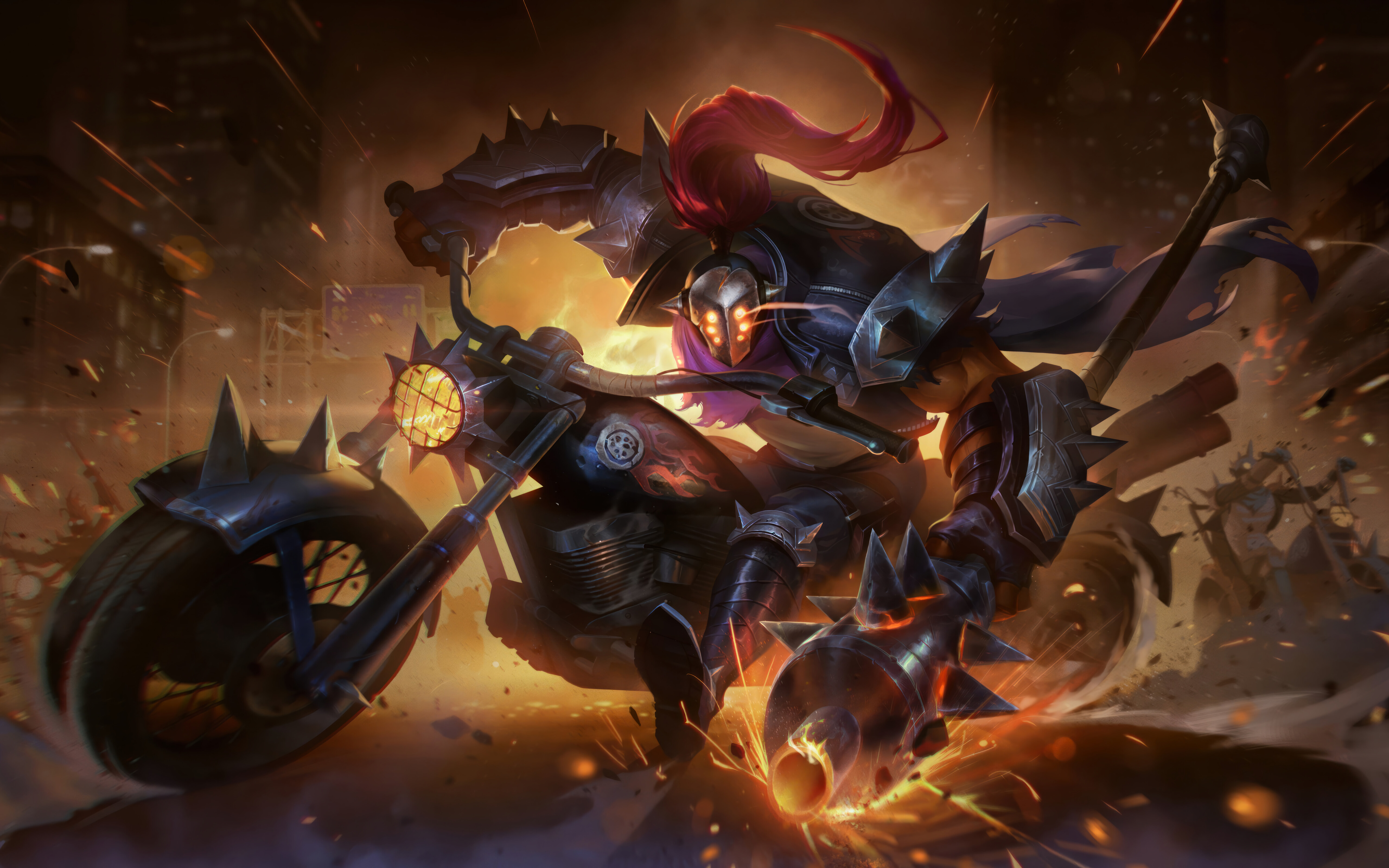League of Legends oyunundaki Jax karakteri, yan yana durduğu büyük bir motosikletle birlikte, fantastik dövüş unsurlarını modern motosiklet tarzıyla birleştiriyor.