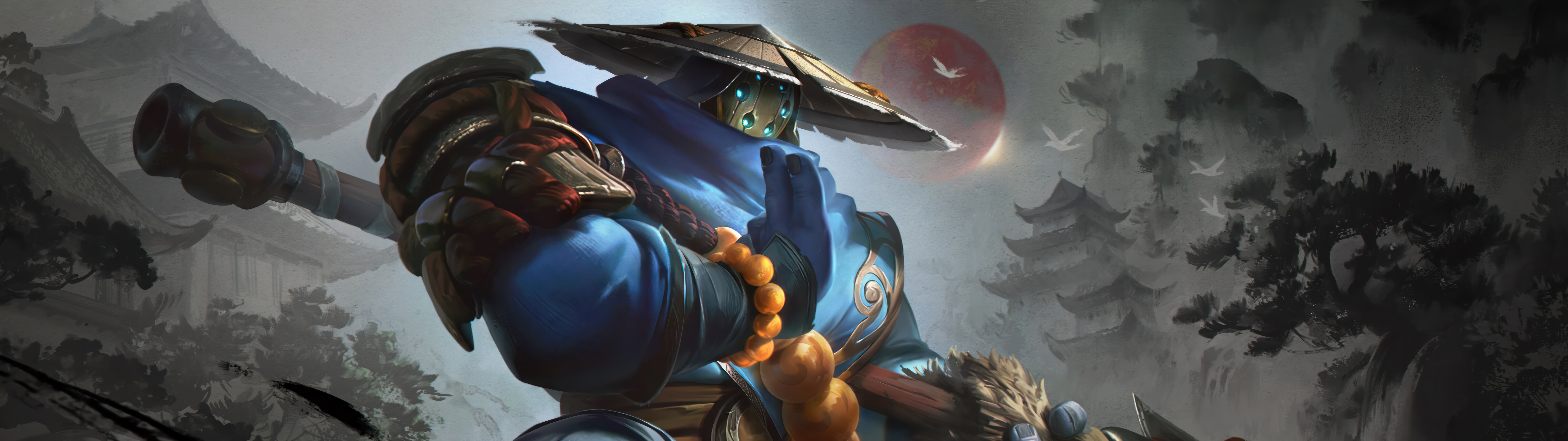 League of Legends oyunundaki Jax karakterinin, süslü geleneksel zırhlar giymiş, samuraylardan esinlenilmiş bir tasviri.