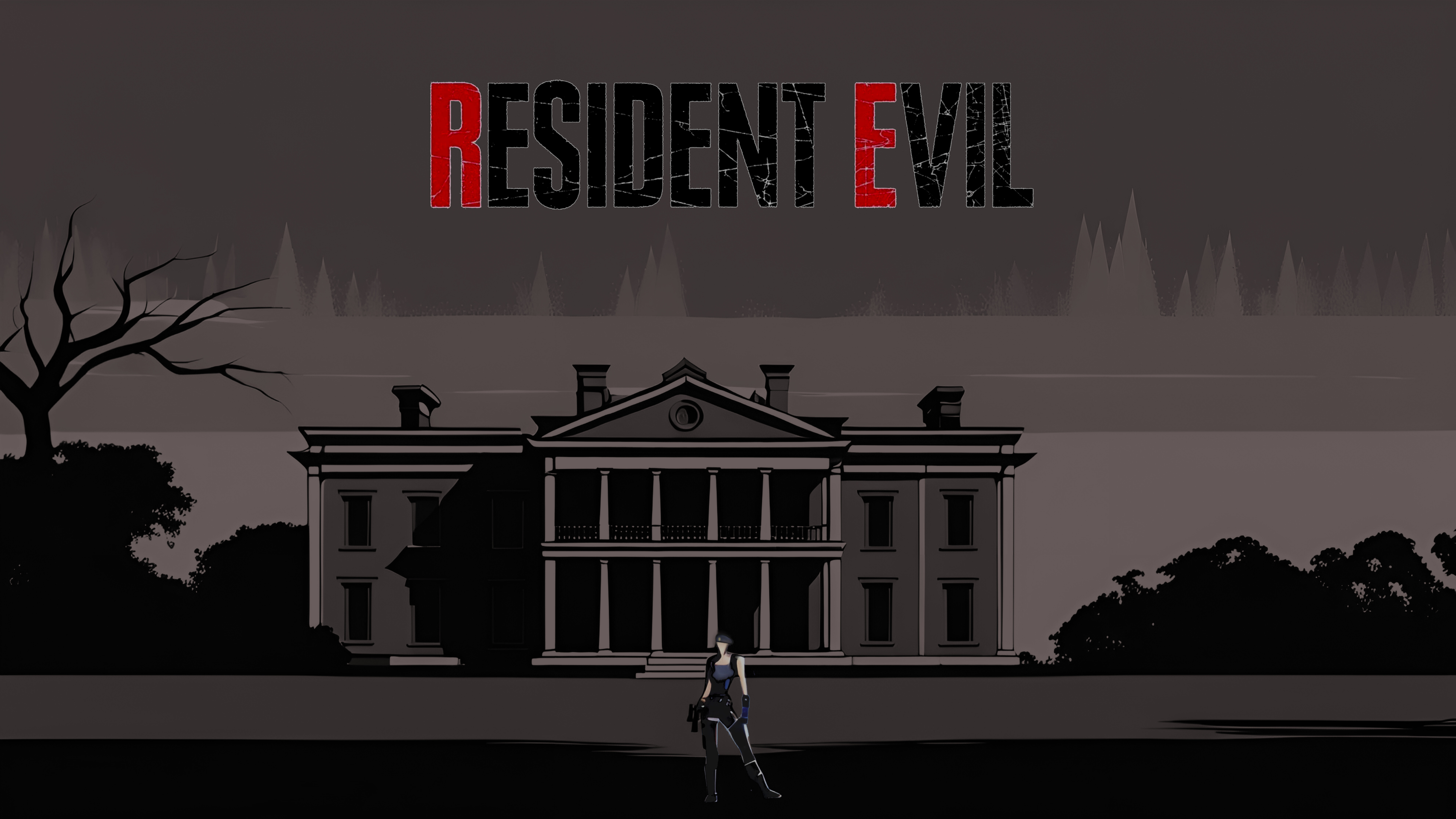 Resident Evil oyun serisinden Jill Valentine, karanlık ve ürkütücü bir malikanenin koridorunda zombilerle karşı karşıya geliyor.