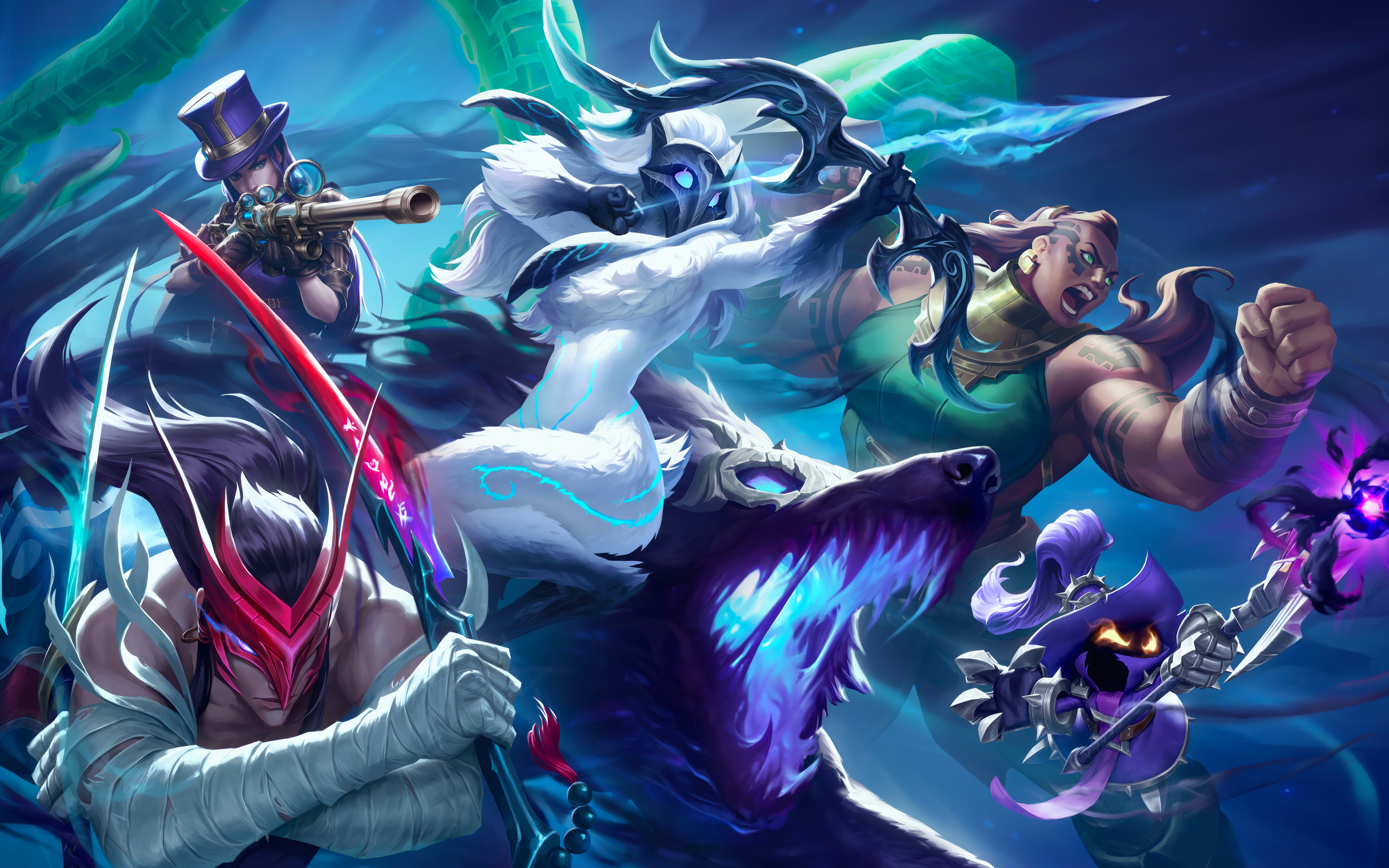 League of Legends oyunundaki Yone, Kindred ve Illaoi karakterlerinin büyüleyici bir kompozisyonu.