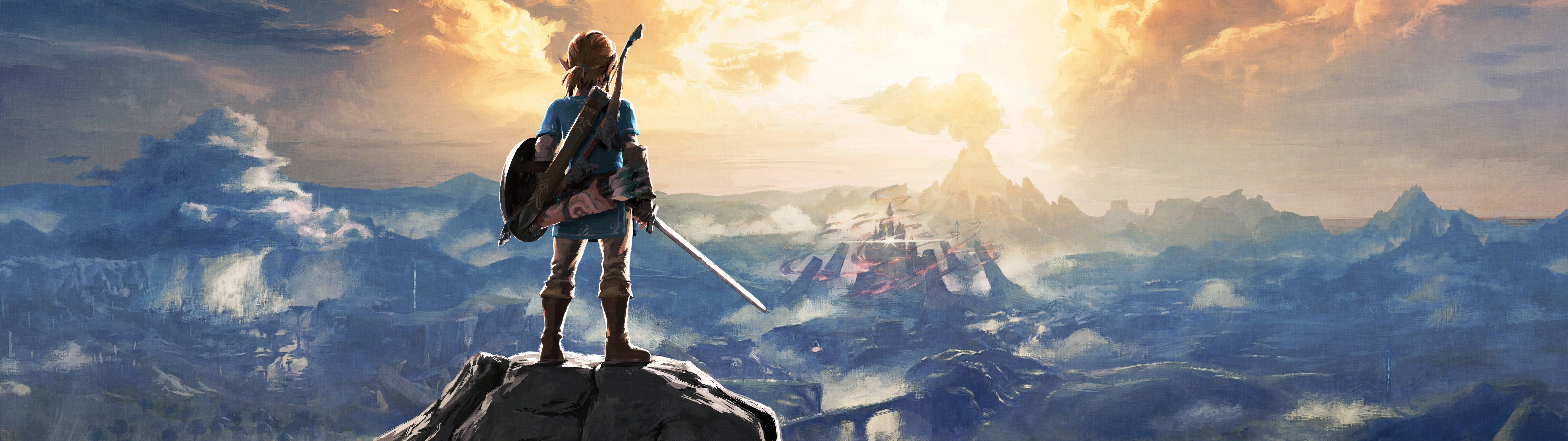 The Legend of Zelda: Breath of the Wild oyunundan Link, Hyrule'un genişleyen manzaralarını inceliyor.