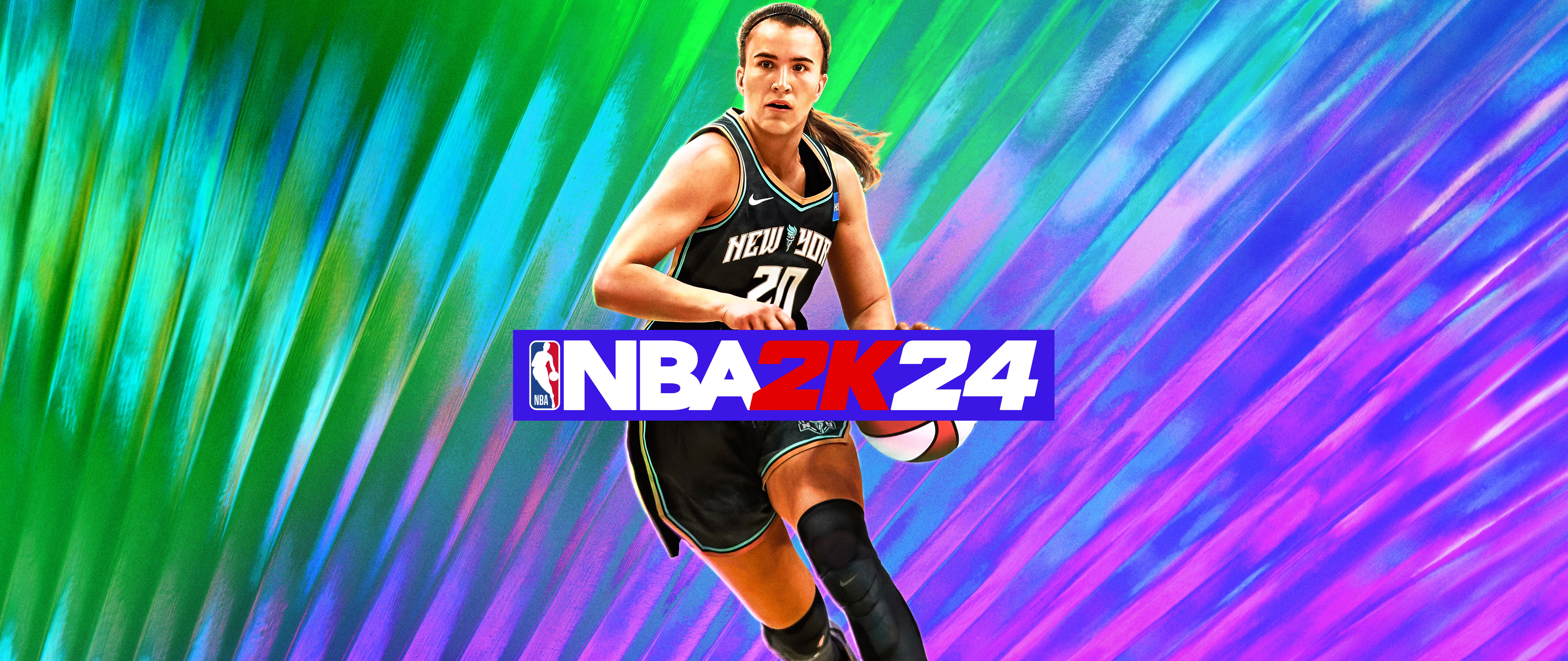 NBA 2K24 oyunundaki görsel öğelerden ilham alarak, parlak bir arenada dinamik bir hareket sergileyen profesyonel bir basketbol oyuncusu.