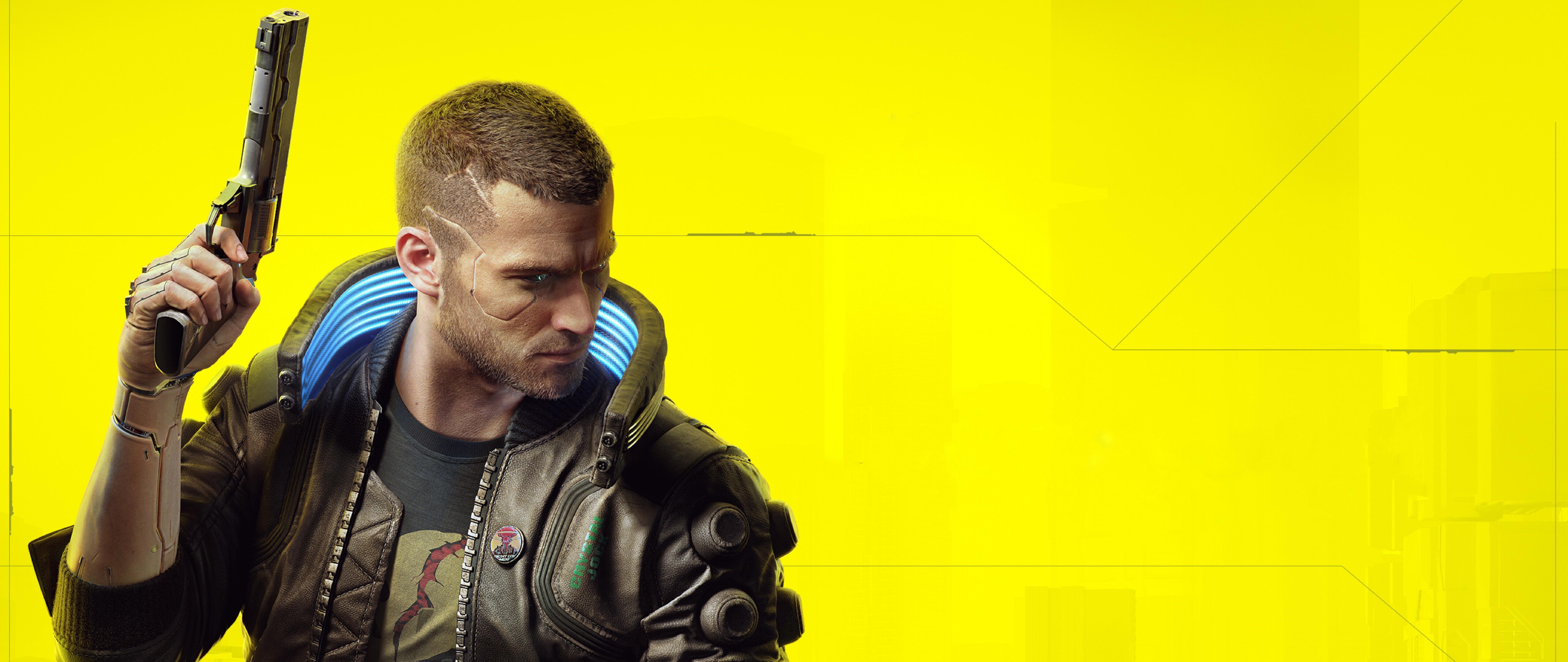 Karanlık, yağmurla ıslanmış bir siberpunk şehir ortamında, parıldayan mavi sibernetik geliştirmelerle donatılmış, fütüristik bir karakter.