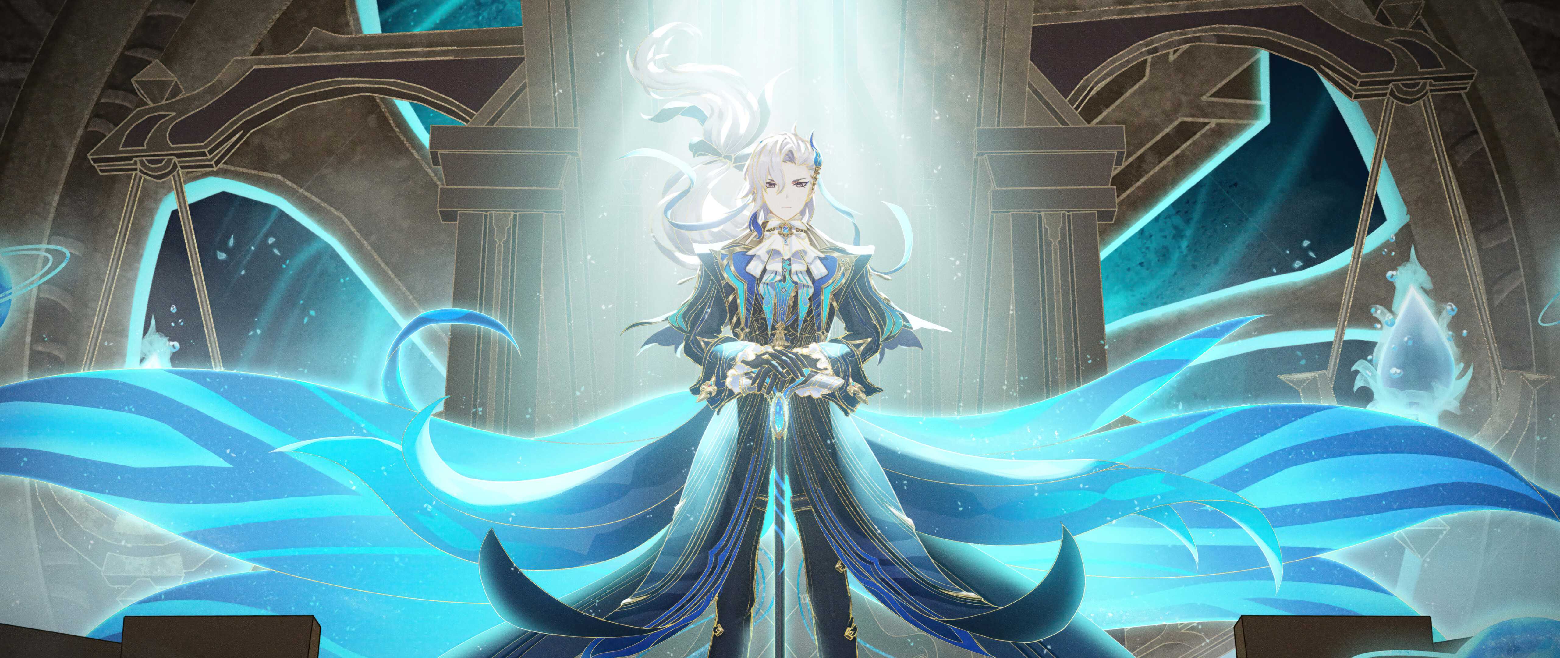 Genshin Impact oyunundan Neuvillette'in büyüleyici bir portresi.