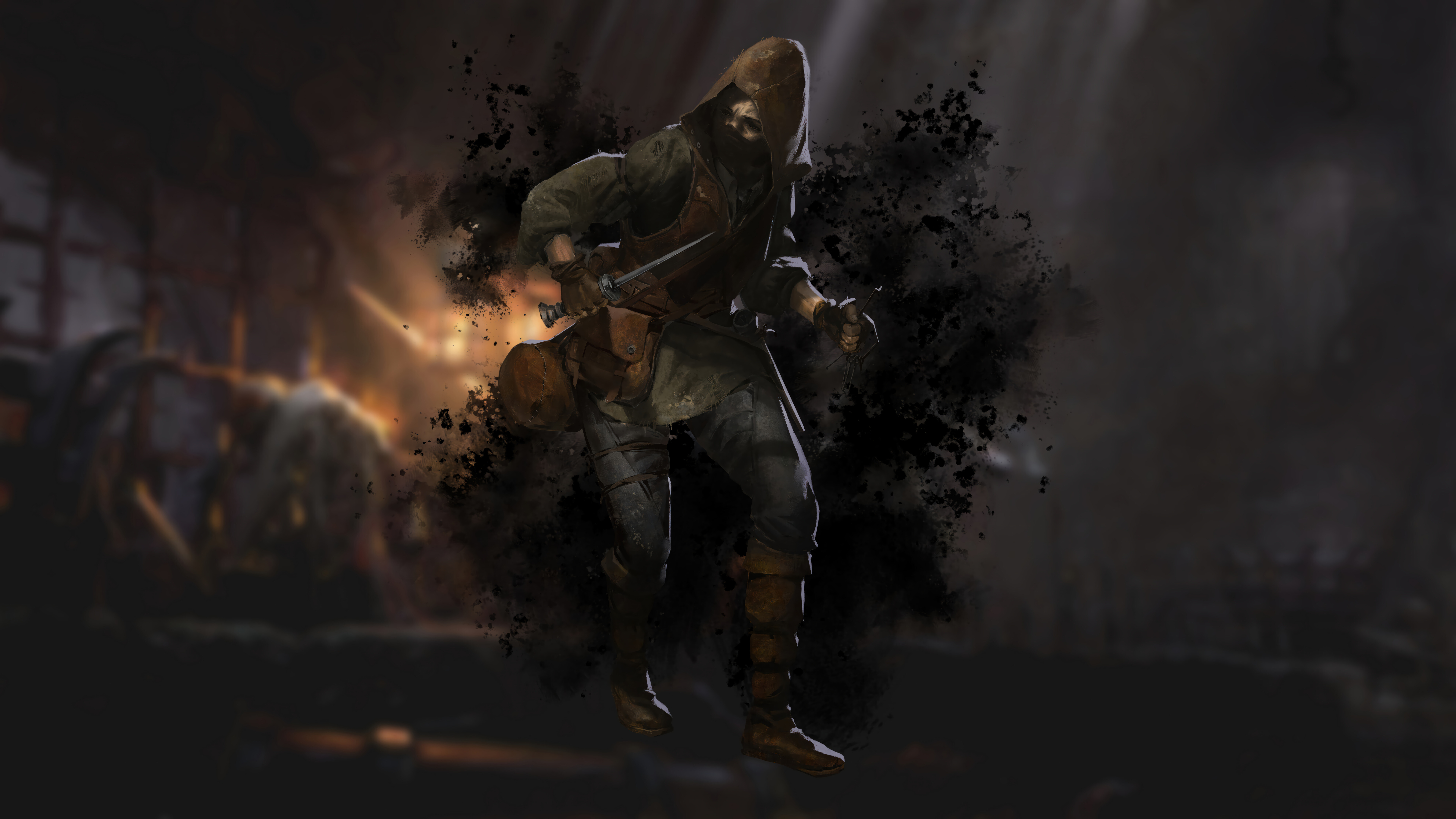 Ağır zırhlı, Orta Çağ dönemine ait bir savaşçı, meşalelerle aydınlatılmış karanlık ve ürkütücü bir taş zindanı keşfediyor; bu sahne, Dark and Darker oyunundan esinlenilerek hazırlanmıştır.