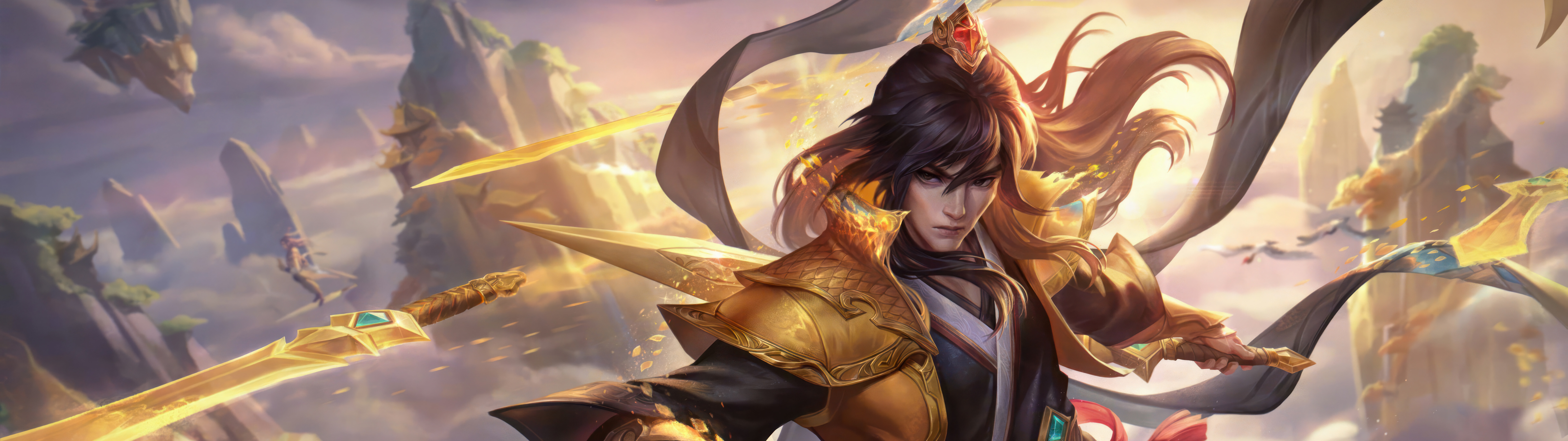 League of Legends oyunundaki Talon karakteri, dramatik ve karanlık bir atmosferde, kendine özgü kılıçlarıyla poz veriyor.