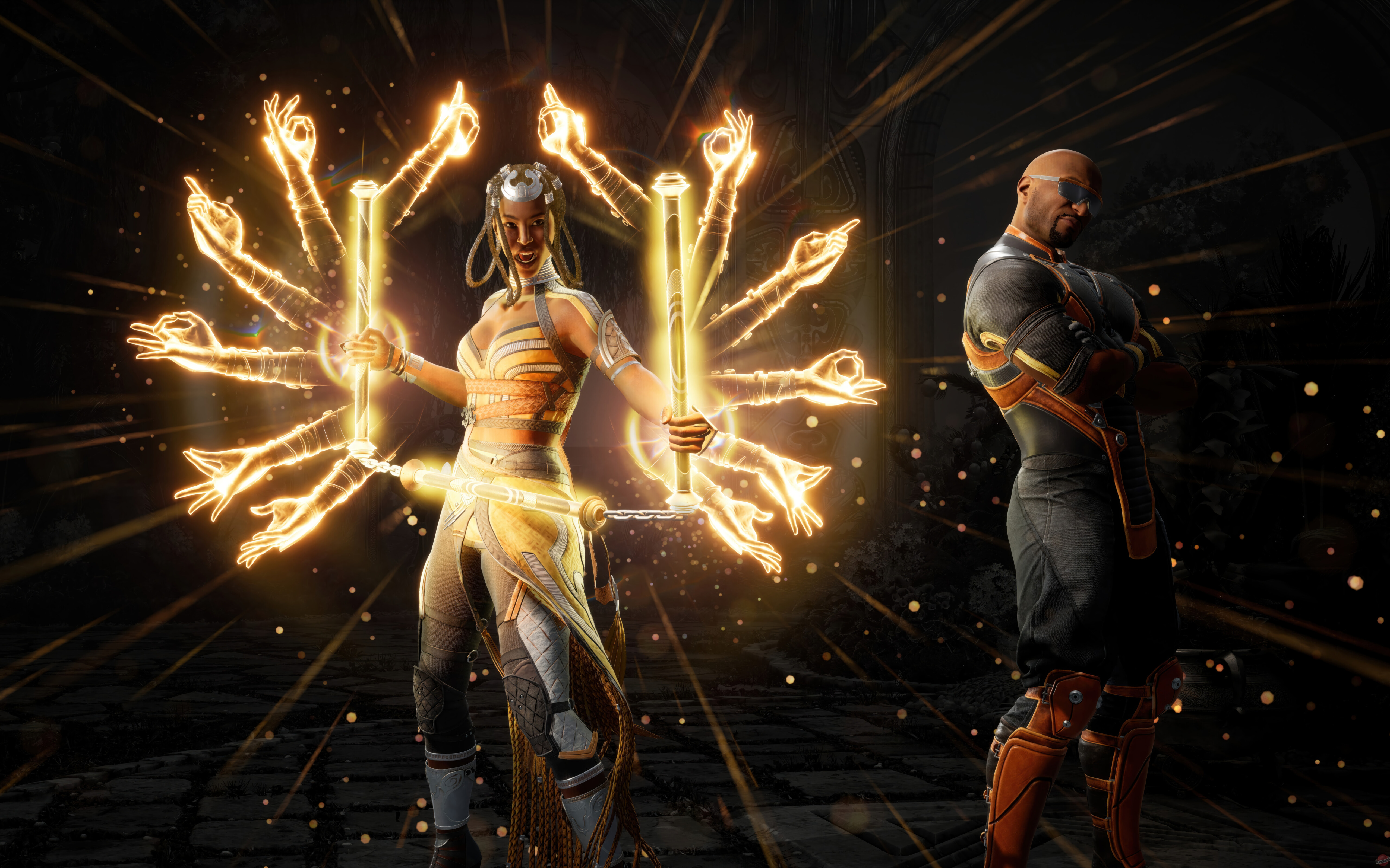 Mortal Kombat 1 video oyunundaki Edenialı suikastçı Tanya, dövüş pozisyonunda.