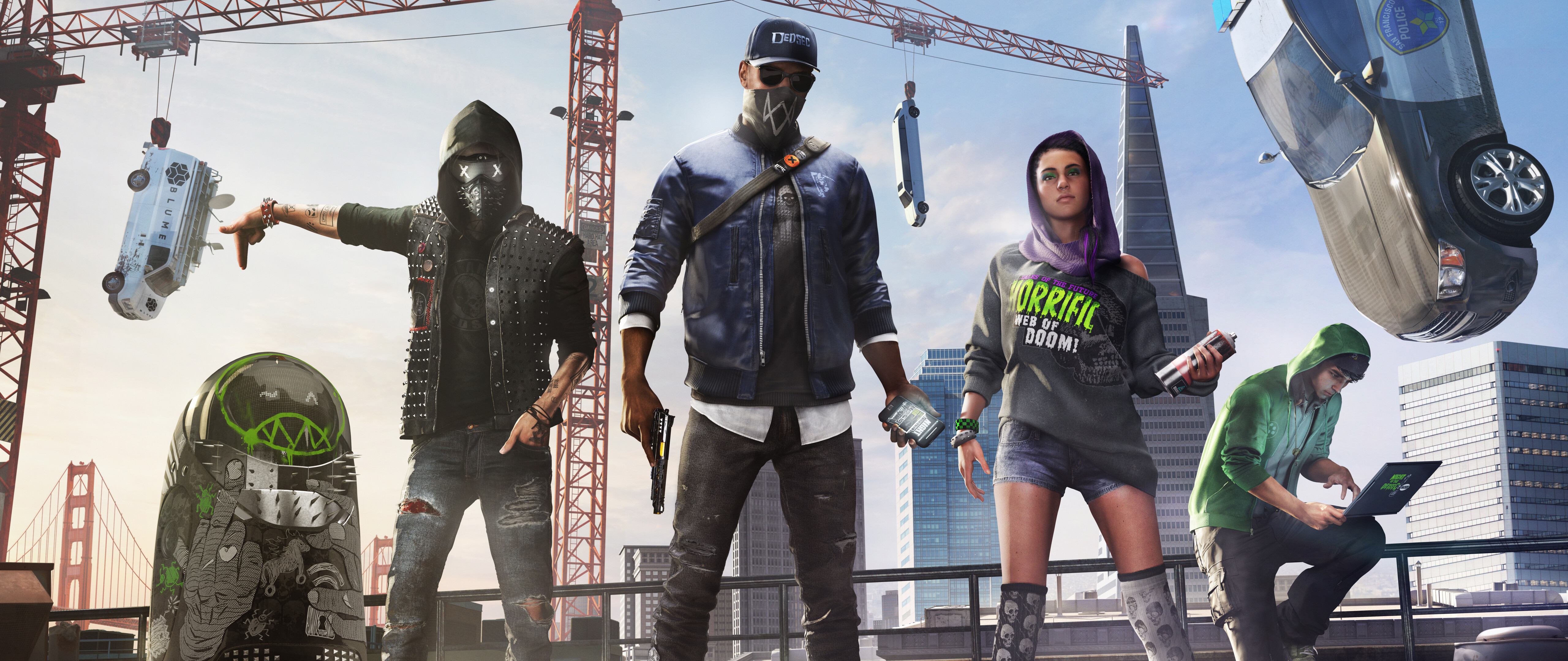 Watch Dogs 2 video oyunundan Marcus Holloway, Sitara Dhawan ve Wrench'in yer aldığı bir grup portresi.
