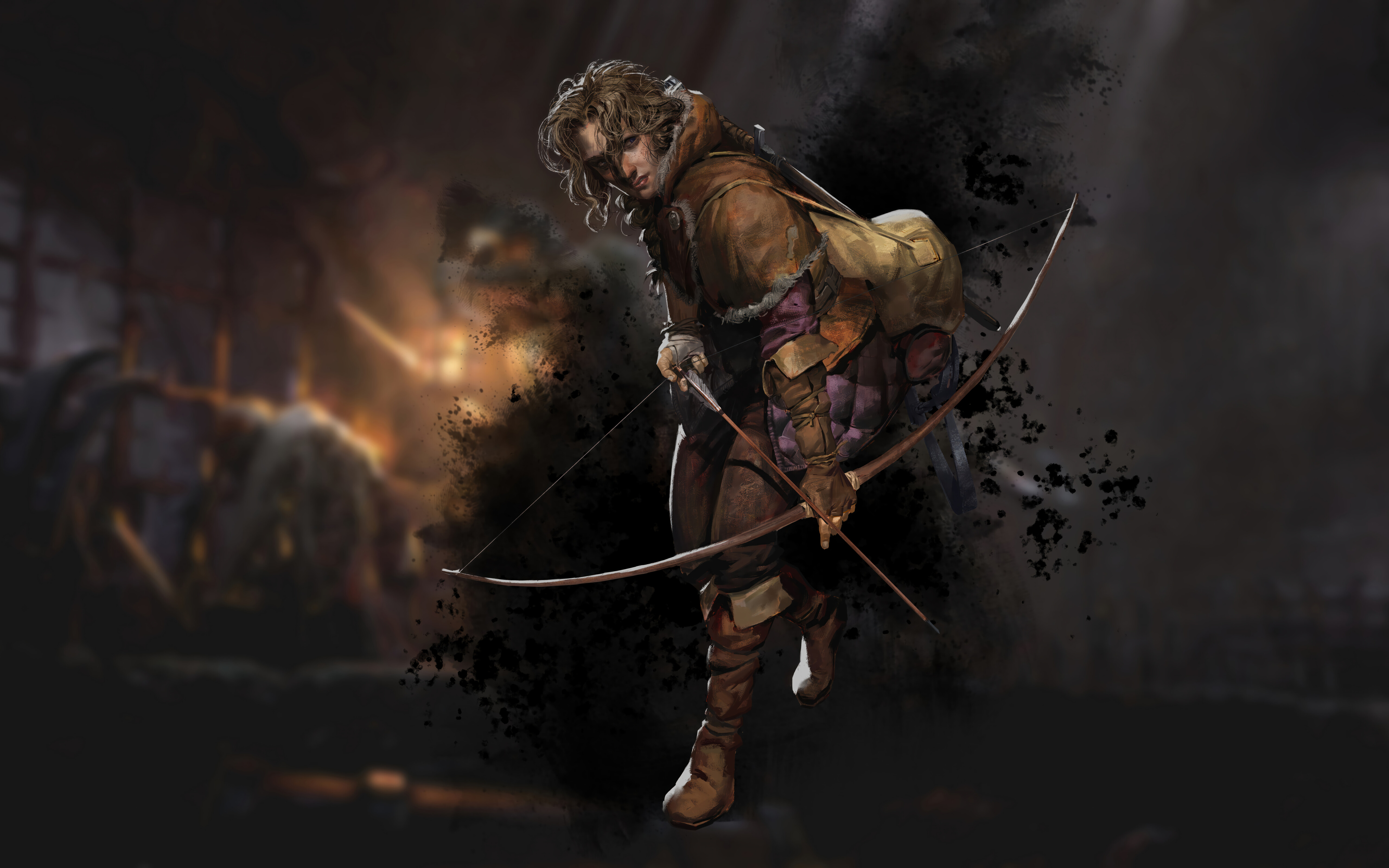 Başında kapüşon bulunan, elinde silah tutan bir haydut, loş ışıklı, taş duvarlı ortaçağ zindanında duruyor.