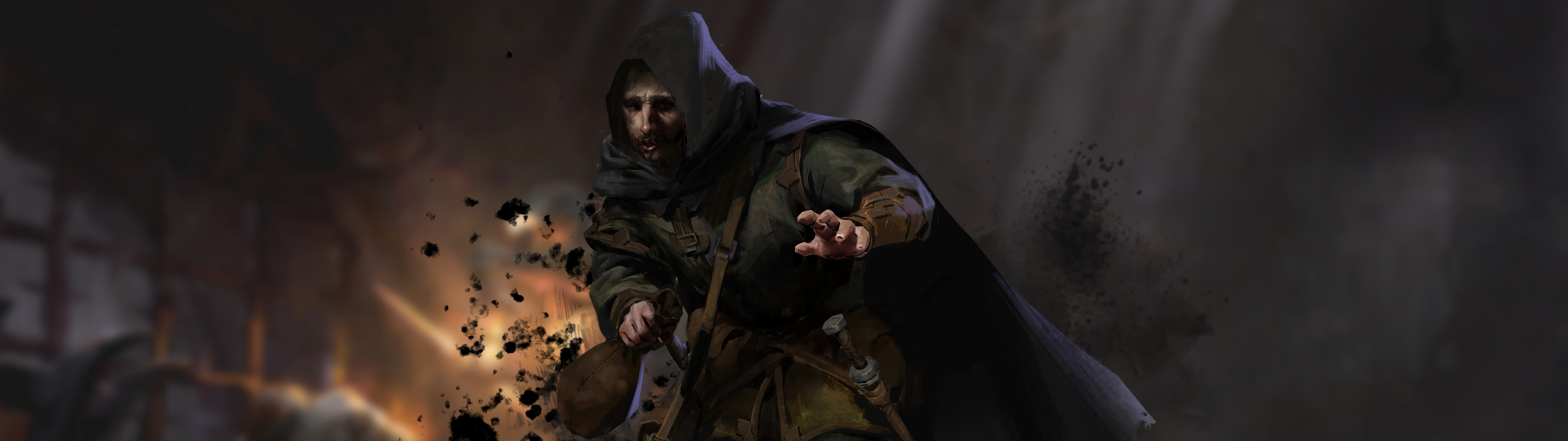 Dark and Darker oyunundan alınmış, karanlık ve meşalelerle aydınlatılmış bir zindanın koridorunda, ağır zırhı içinde duran, ürkütücü bir savaşçı.