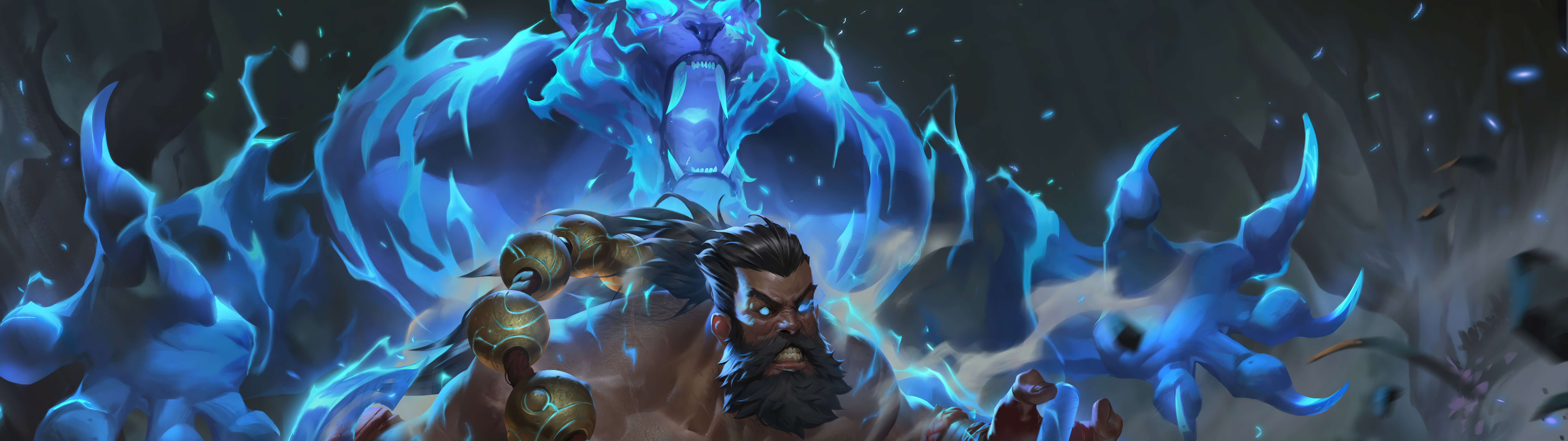 League of Legends oyunundaki Udyr karakterinin, şamanik enerjisini yansıtan sinematik bir portresi.