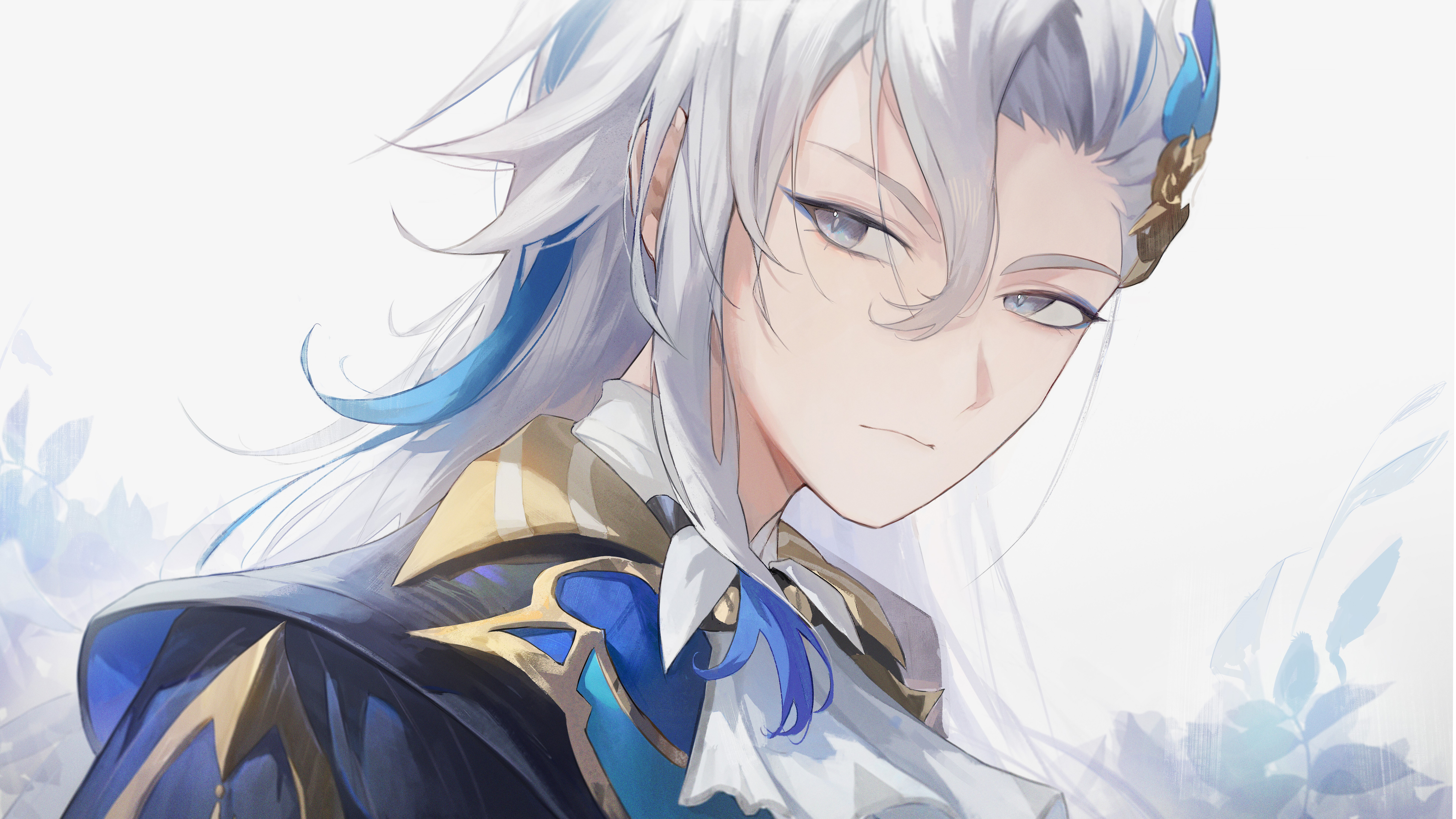 Genshin Impact oyunundaki Neuvillette karakterinin, zarif giyimi ve etkileyici bakışlarıyla öne çıktığı, yüksek kaliteli bir görsel tasviri.