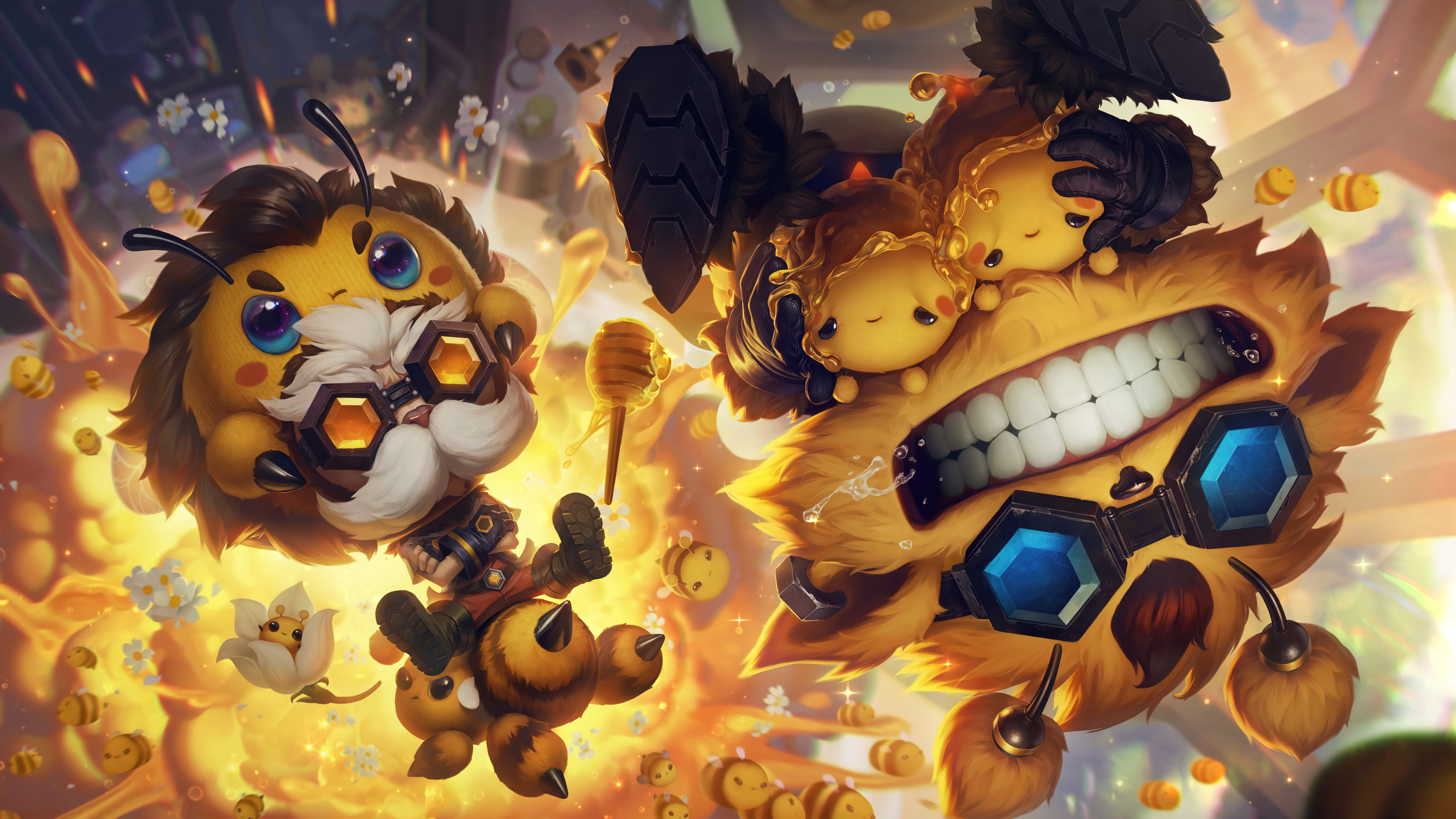 League of Legends oyunundan Heimerdinger ve Ziggs, canlı ve renkli bir video oyunu sanat tarzında tasvir edilmiş.