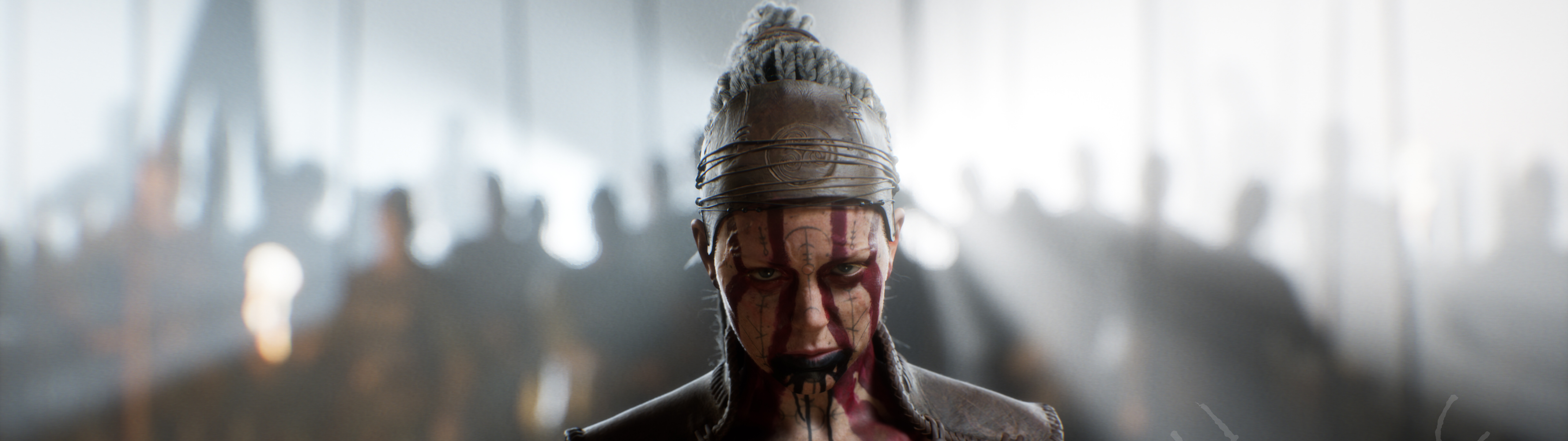 Senua'nın Saga: Hellblade II oyunundaki ana karakter olan Senua'nın detaylı ve etkileyici bir sinematik portresi.