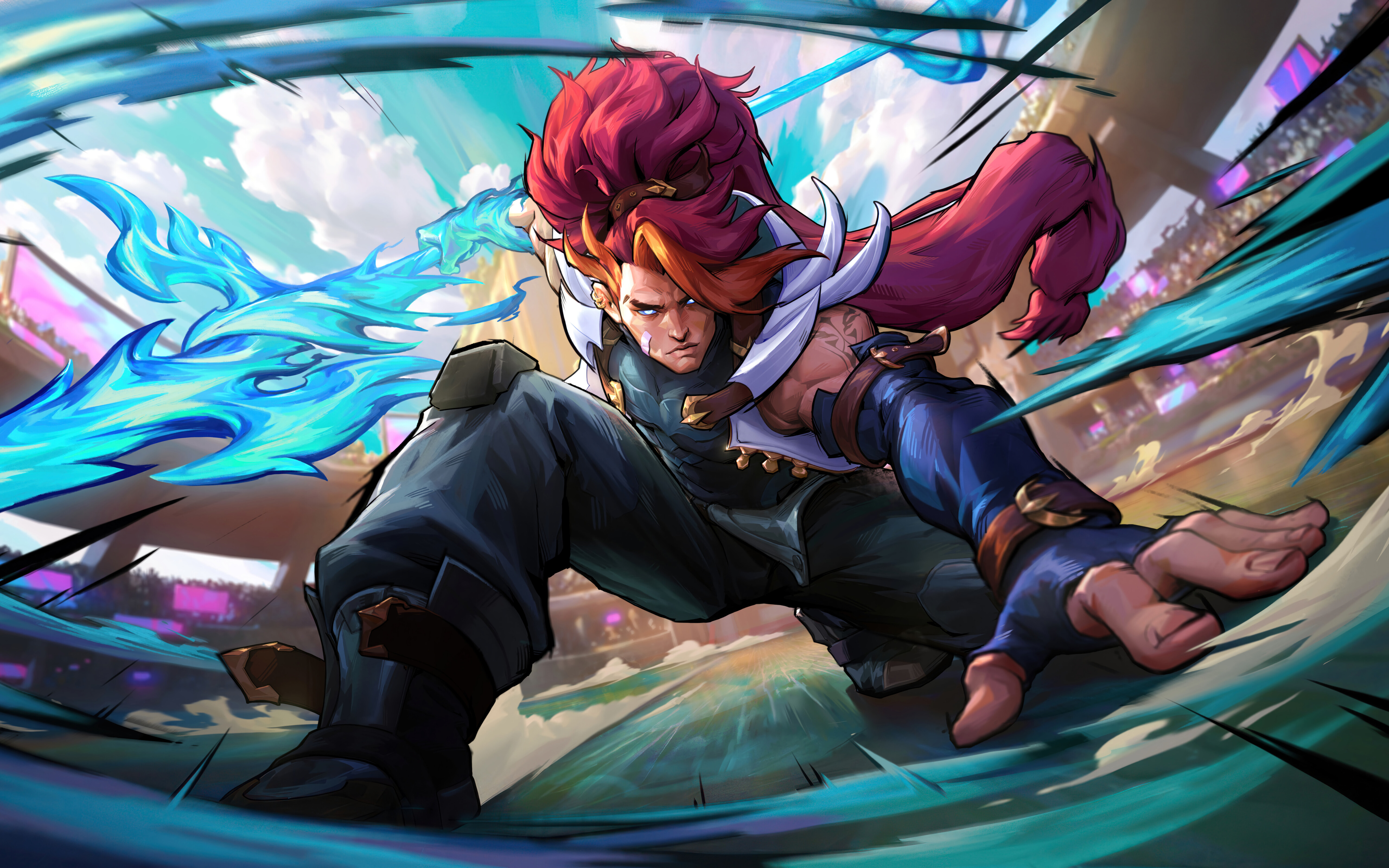 League of Legends oyunundaki karakterlerden Xin Zhao, mızrağını kullanarak güçlü bir savaş pozunda.