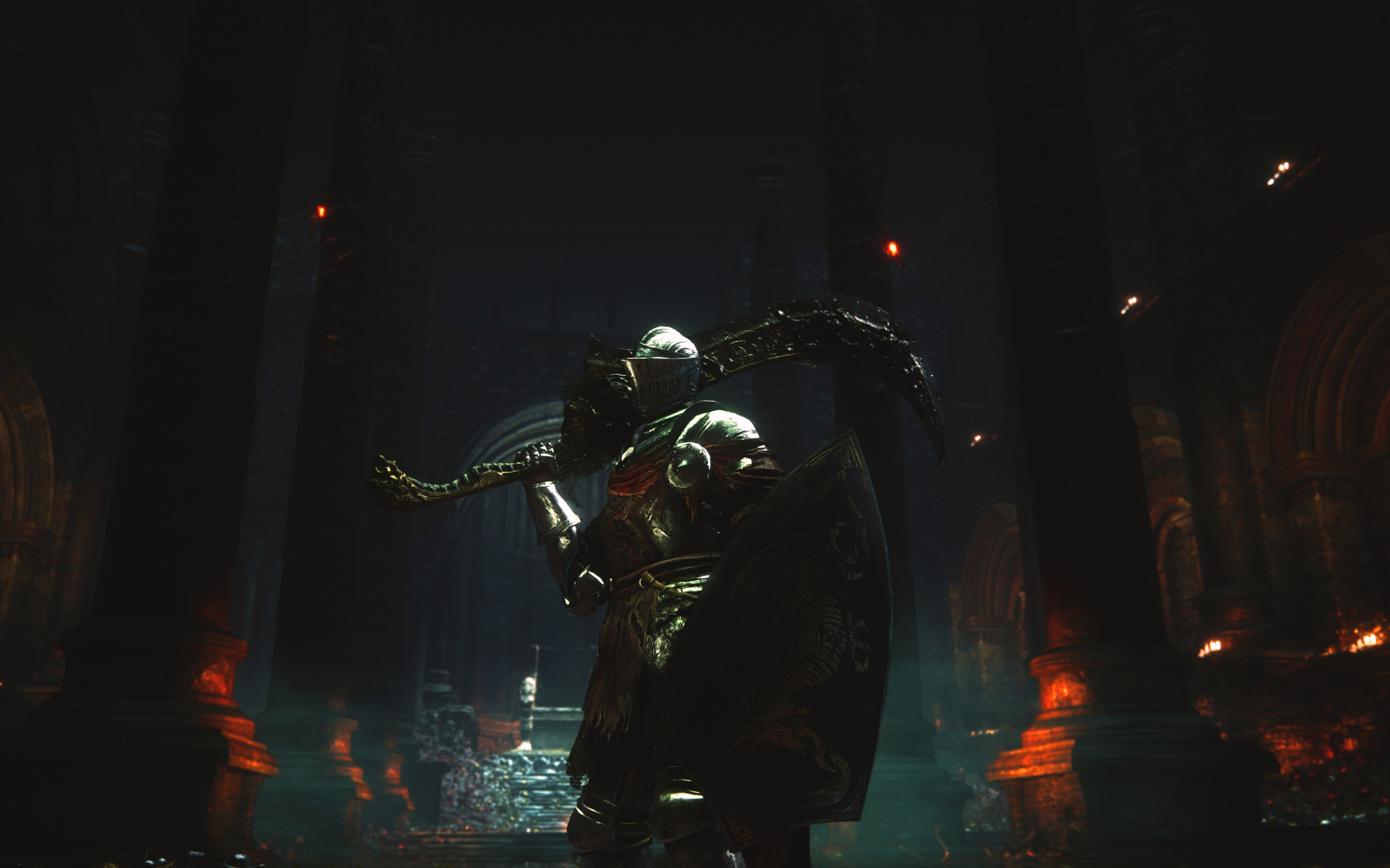 Dark Souls III: The Ringed City adlı video oyunundan alınmış, ağır ve savaşta yıpranmış zırhı giymiş bir Lothric Şövalyesi.