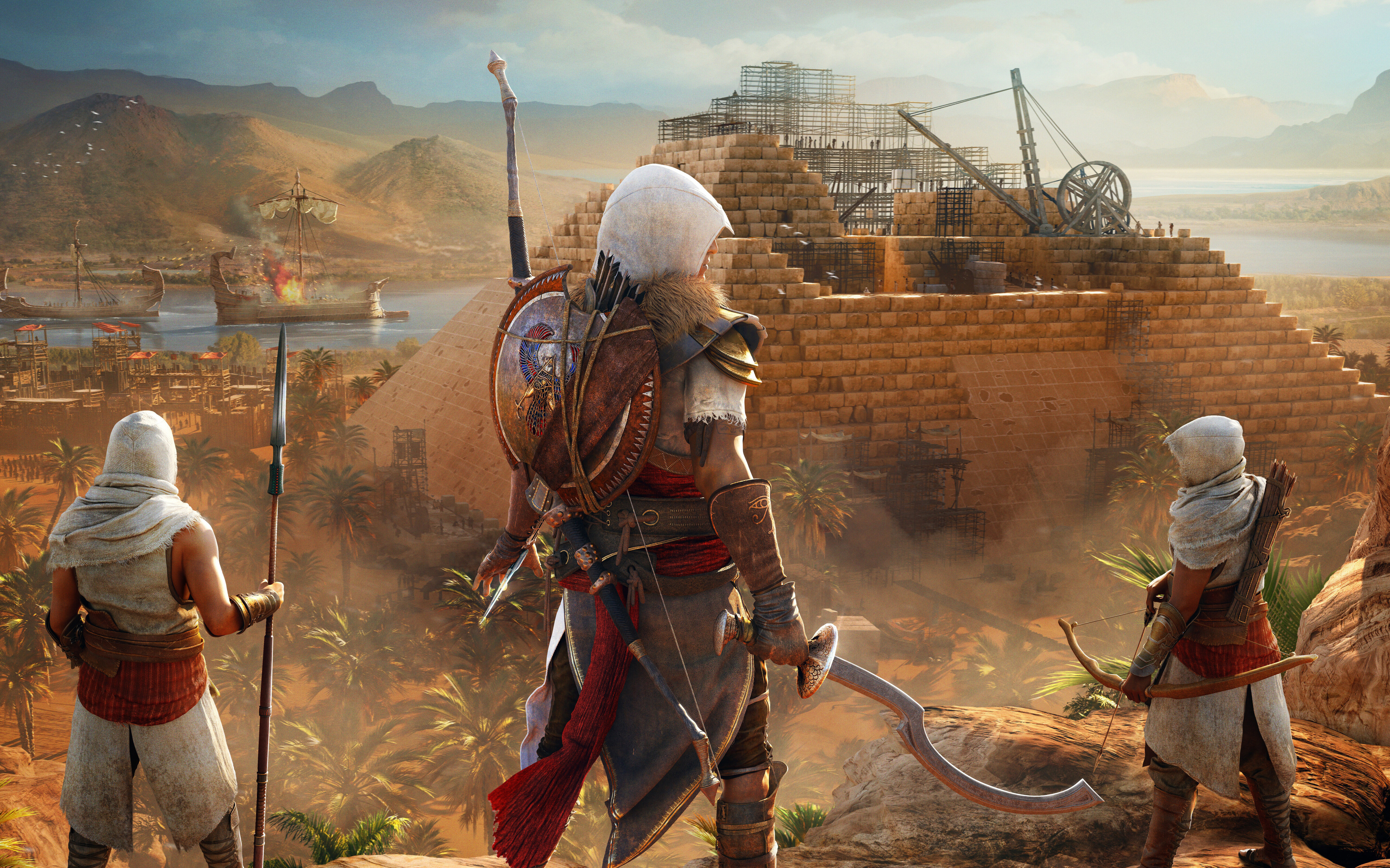 Assassin's Creed Origins oyunundaki Siwa'lı Bayek, antik Mısır'ın doğal güzellikleri arasında poz veriyor.