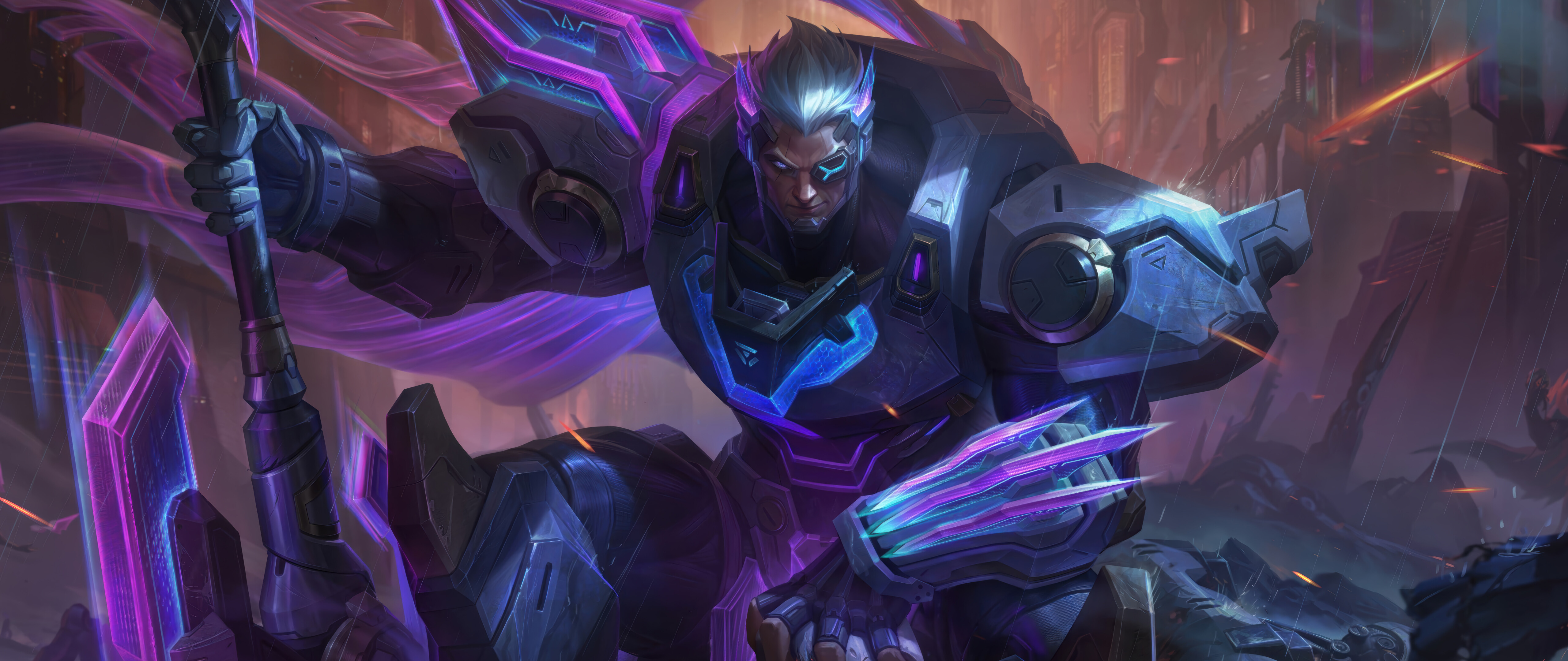 League of Legends'tan Darius'un, kalın Noxus zırhı ve ürkütücü bir atmosfere sahip, detaylı bir tasviri.