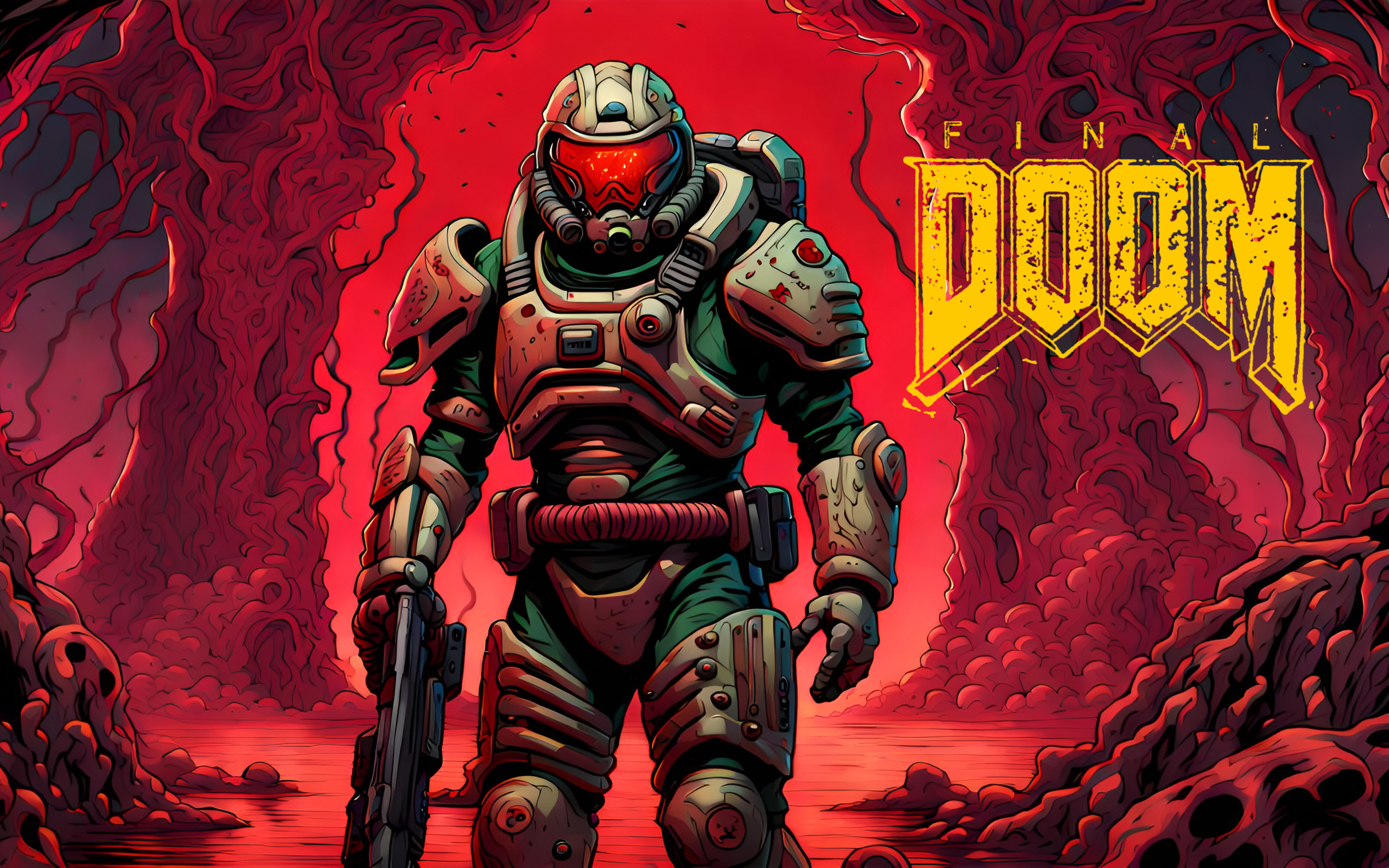 Doom video oyunu serisinden Doomguy karakteri, karanlık ve cehennemsi bir manzaranın ortasında duruyor.