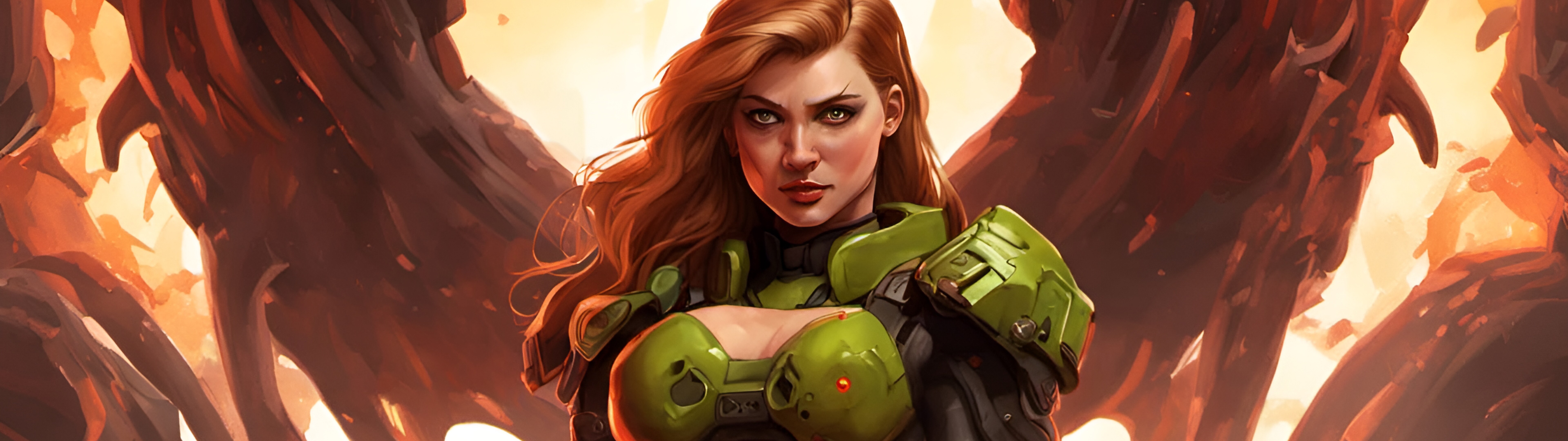 DOOM video oyun serisinden esinlenerek tasarlanmış, ağır zırh giymiş, elinde büyük bir ateşli silah bulunan ve bir ibliste savaşan kadın savaşçı.