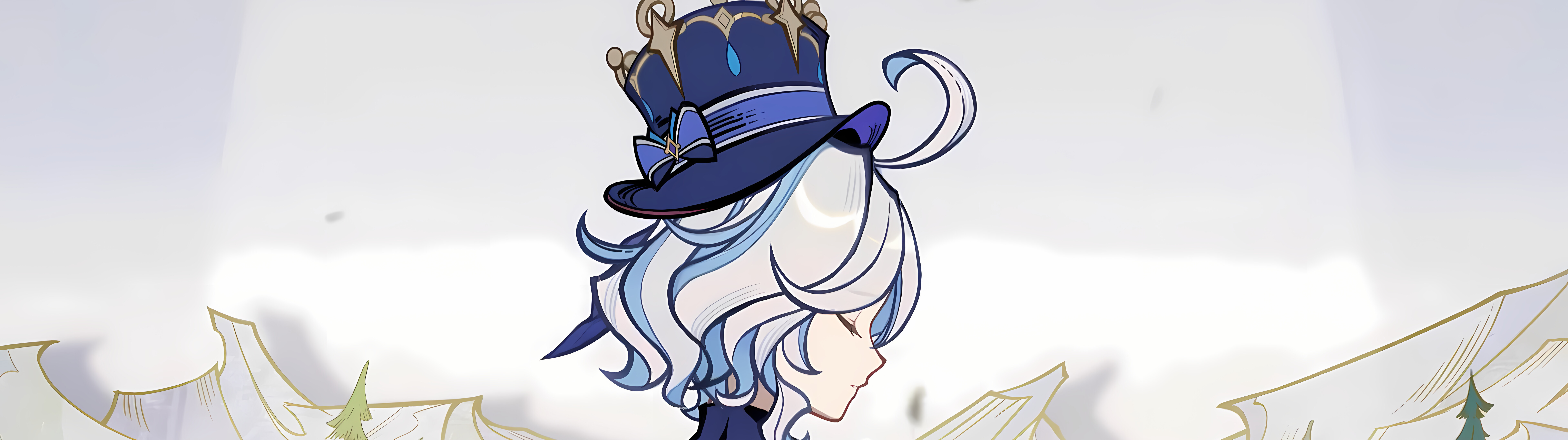 Genshin Impact oyunundaki Furina karakterinin, üzerinde detaylı mavi kostümü ve etkileyici görünümüyle yer aldığı güzel bir tasvir.