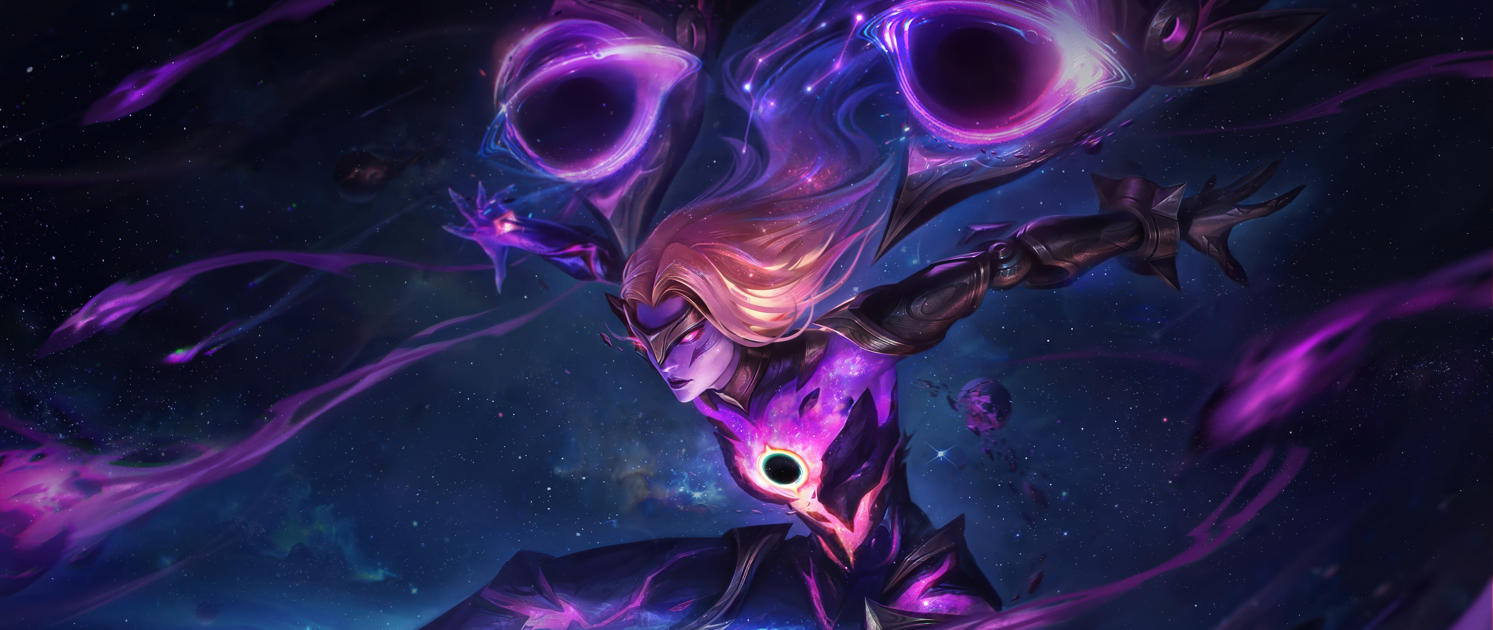 League of Legends oyunundaki Kai'Sa, kendine özgü Void simbiyotik silahlarını ve savaş ekipmanlarını sergiliyor.