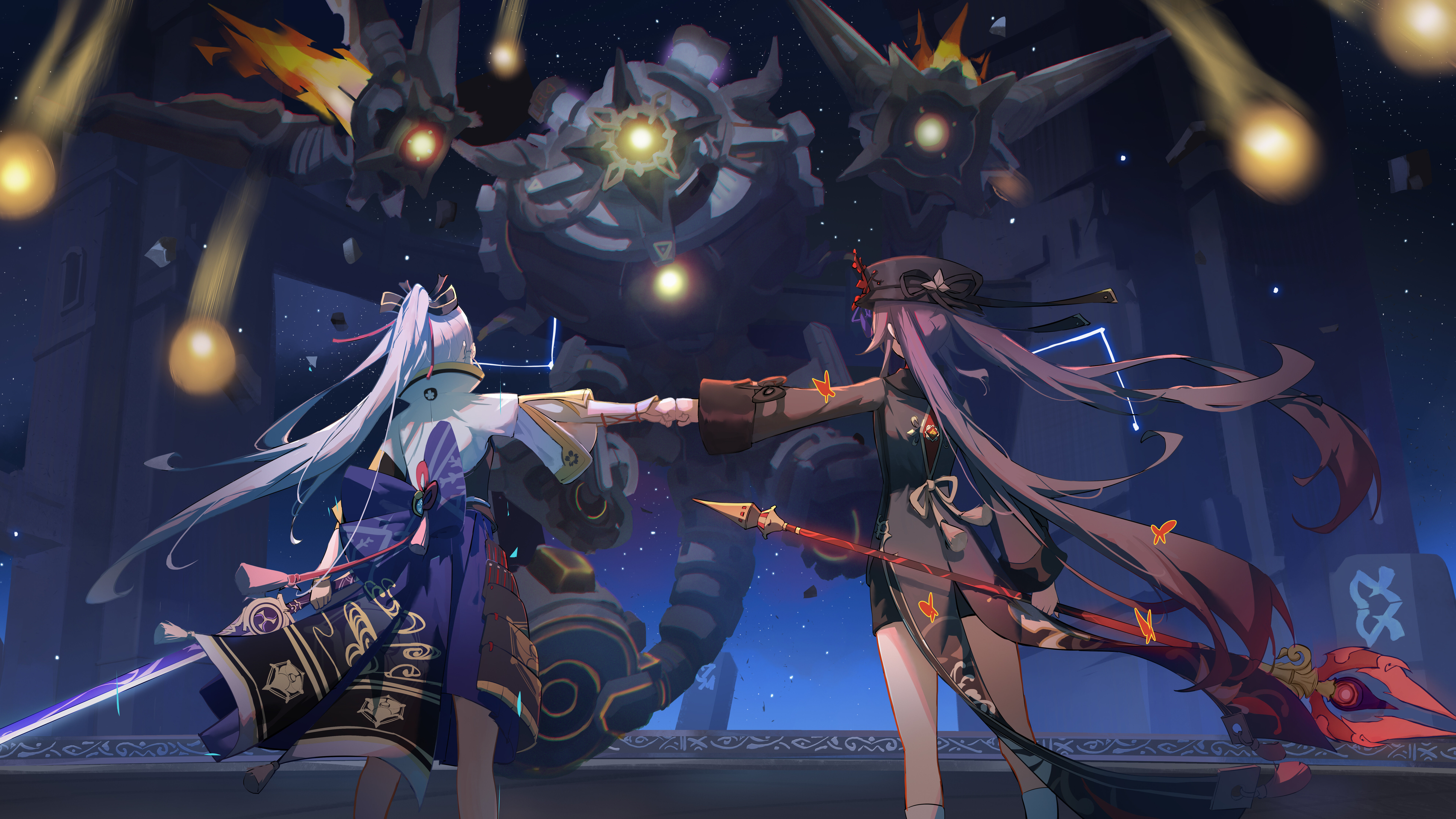 Genshin Impact oyunundaki Kamisato Ayaka ve Hu Tao karakterlerinin sanatsal bir tasviri.