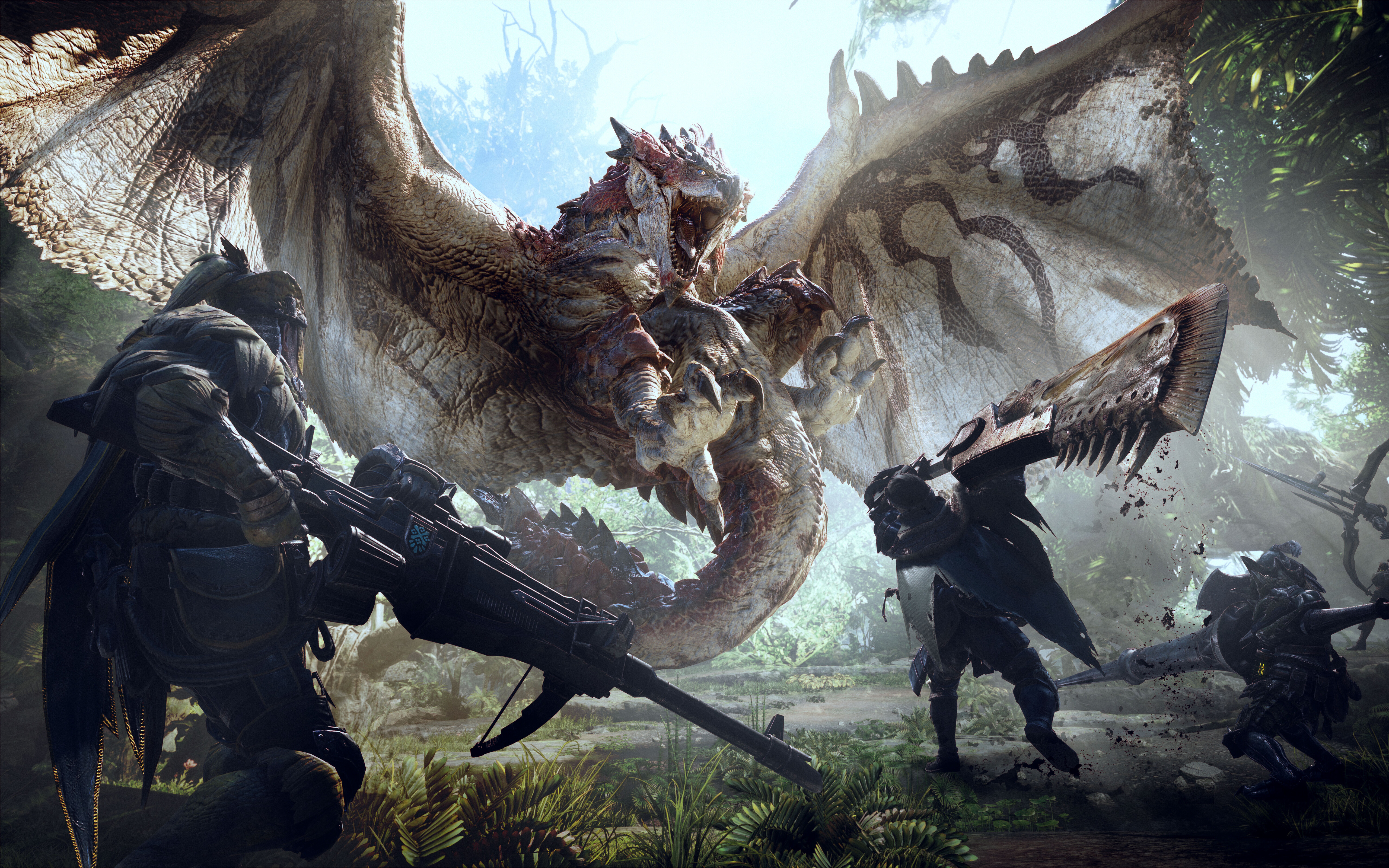 Monster Hunter: World oyunundan, avcının Rathalos adlı ejderhaya karşı girdiği savaşa hazırlanırken çekilmiş, sinematik bir görüntü.