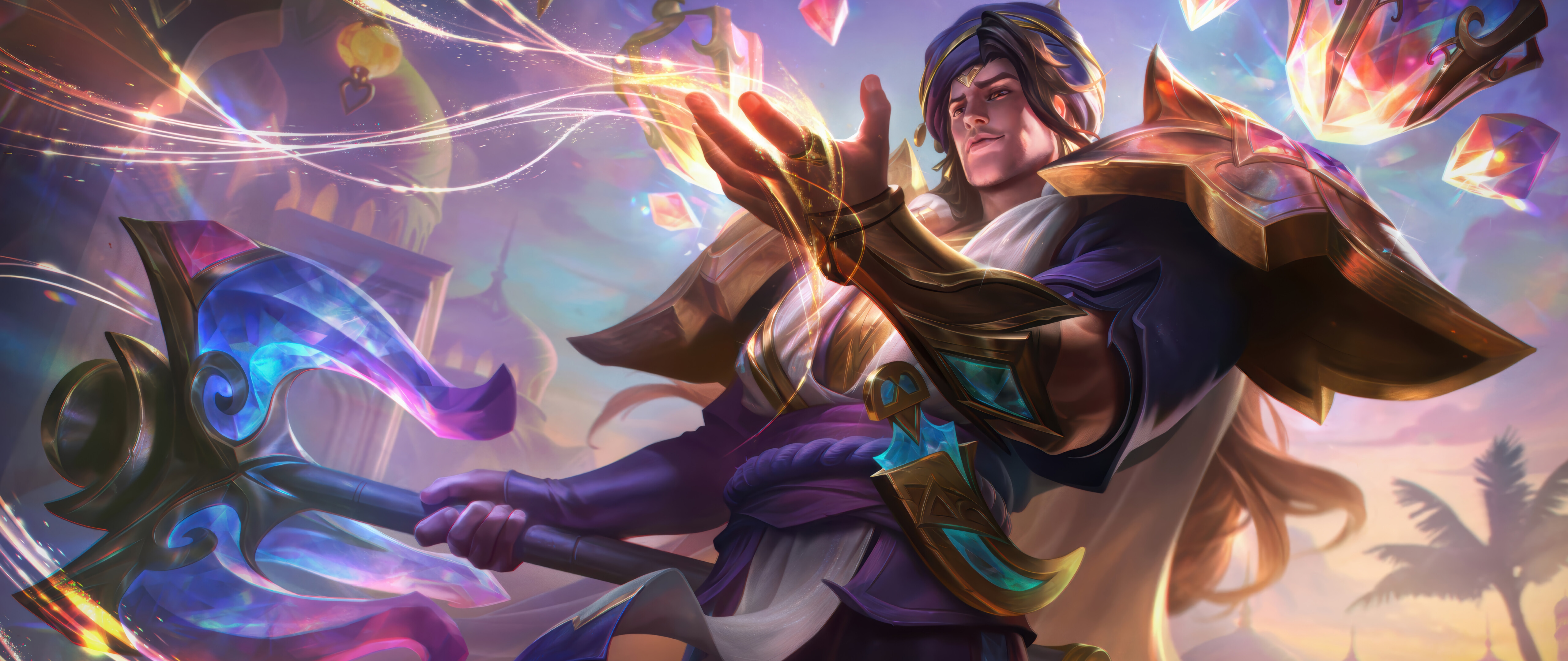 League of Legends oyunundaki Taric karakterinin, güçlü bir büyücü olarak betimlendiği ve etrafı büyülü enerjiyle çevrili olduğu görsel bir tasvir.