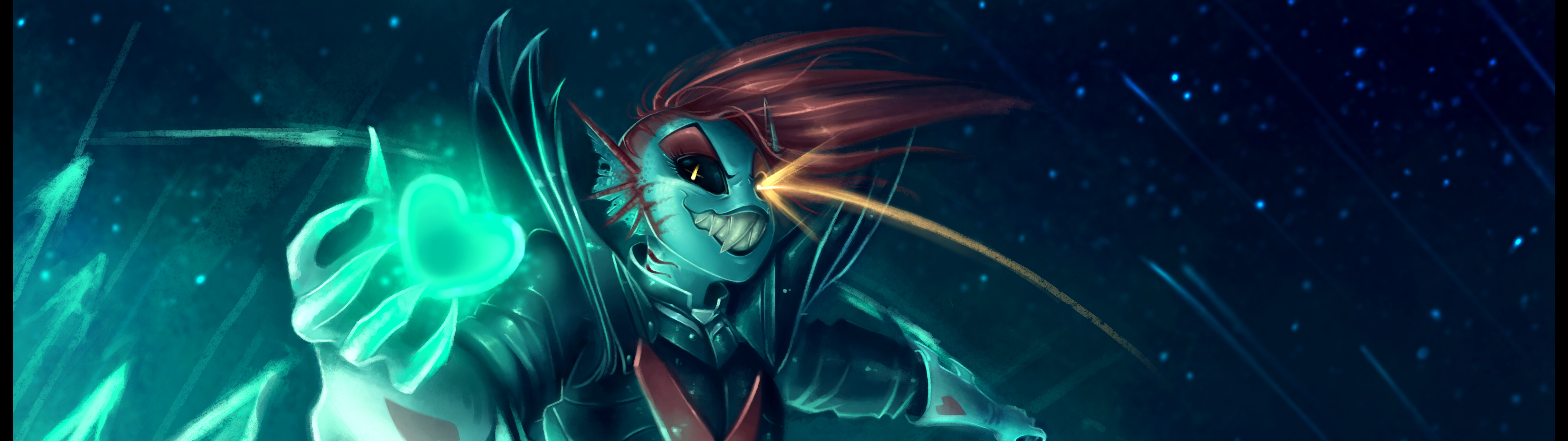 Undertale oyunundaki Undyne karakteri, kırmızı saçları ve üzerinde kırmızı kalp sembolü bulunan zırhı ile.