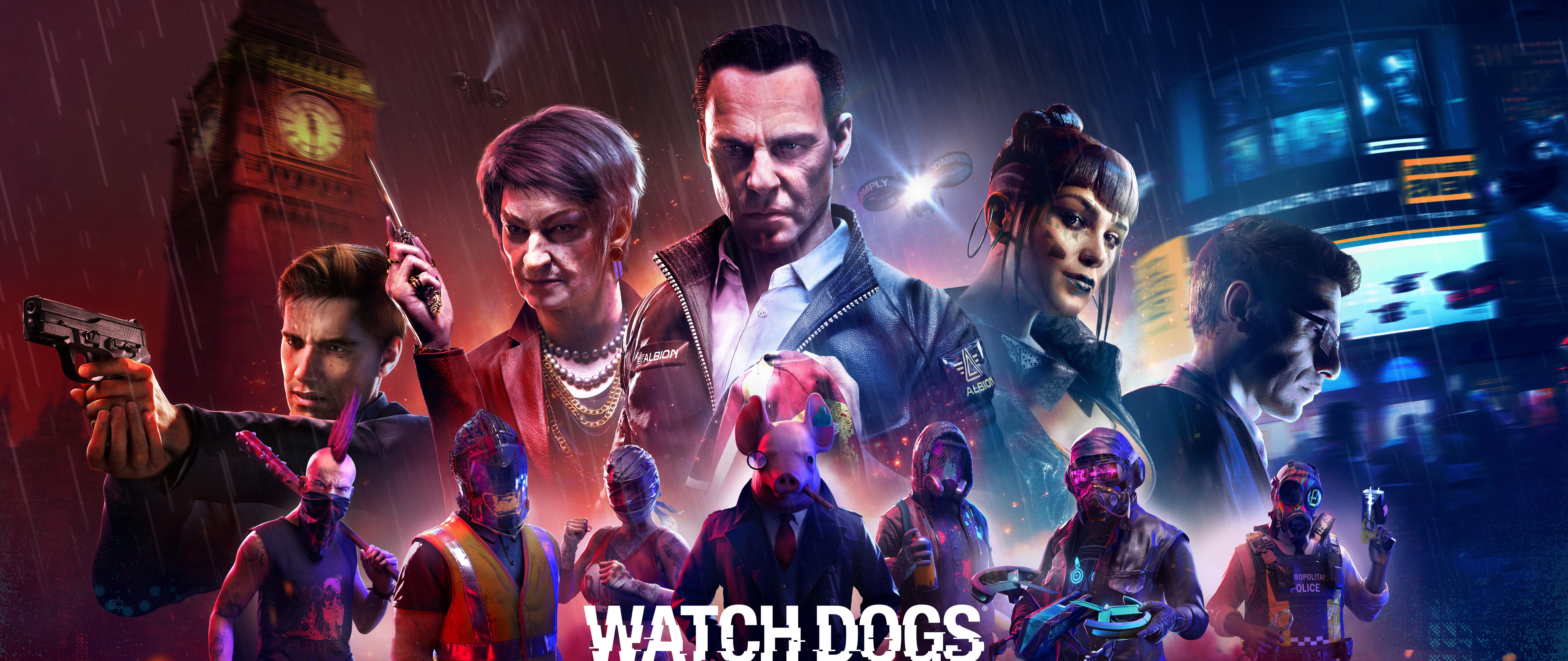 Watch Dogs: Legion oyunundan, fütüristik teknolojik giysiler giymiş bir karakter, karanlık ve yağmurla ıslanmış bir Londra sokak aralığında duruyor.