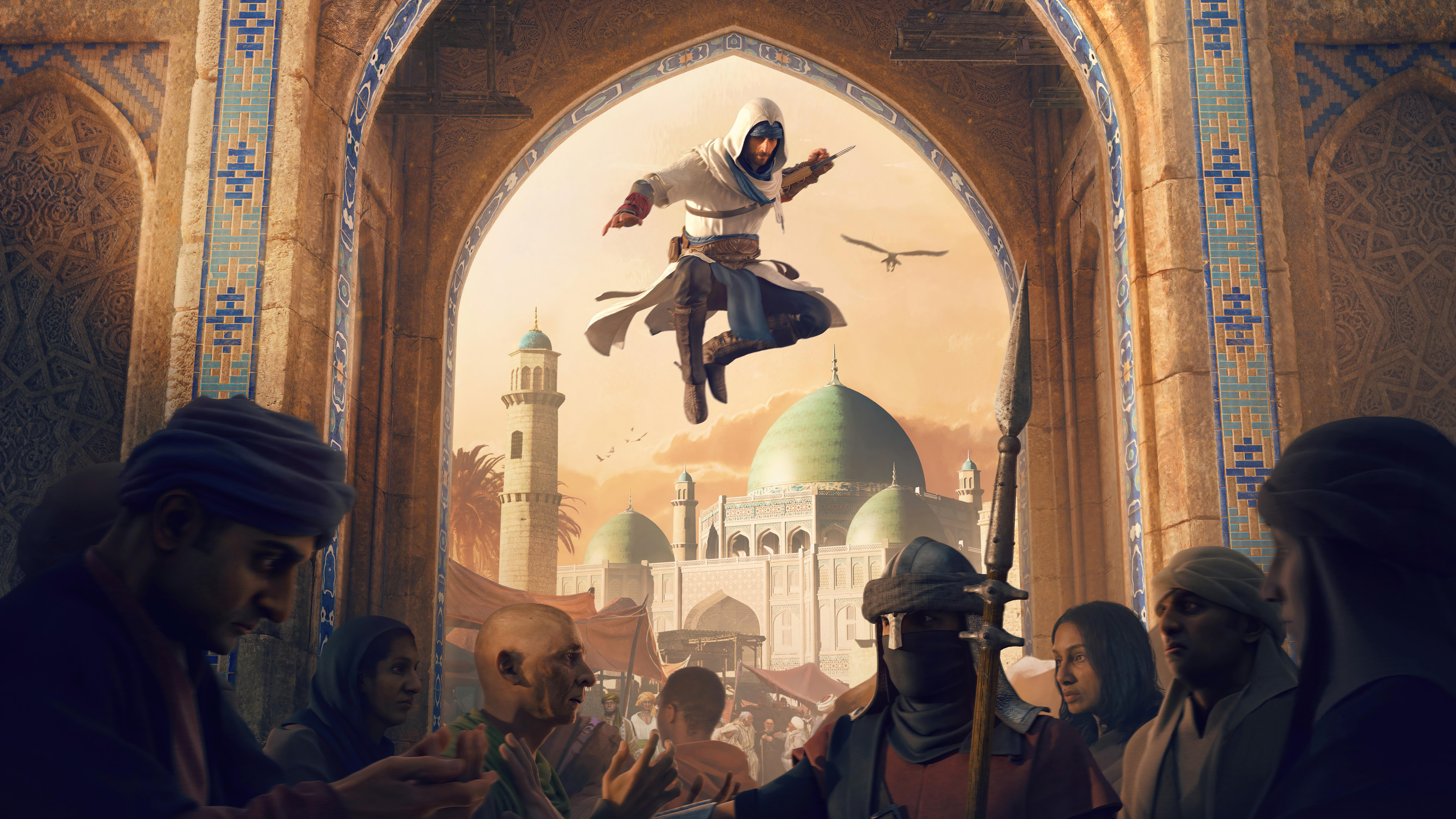 Basim Ibn Ishaq, Assassin's Creed Mirage oyununda, kendine özgü kapüşonlu suikastçı kıyafetleriyle.