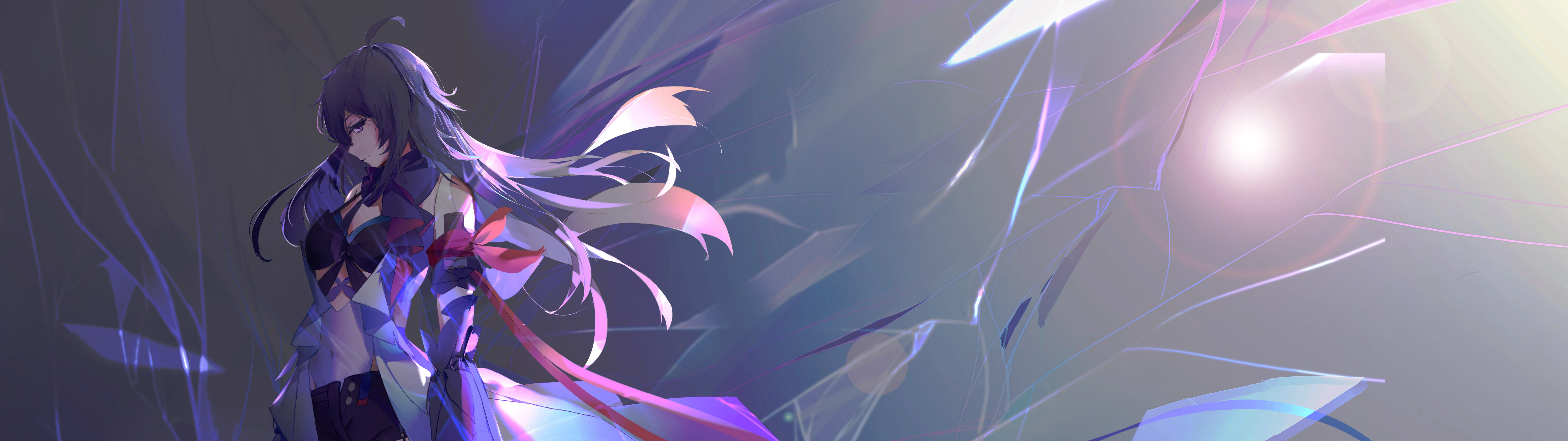 Honkai: Star Rail oyunundaki Seele Vollerei karakterinin, ikonik mor saçları ve etkileyici, karanlık atmosferiyle öne çıkan sinematik bir portresi.